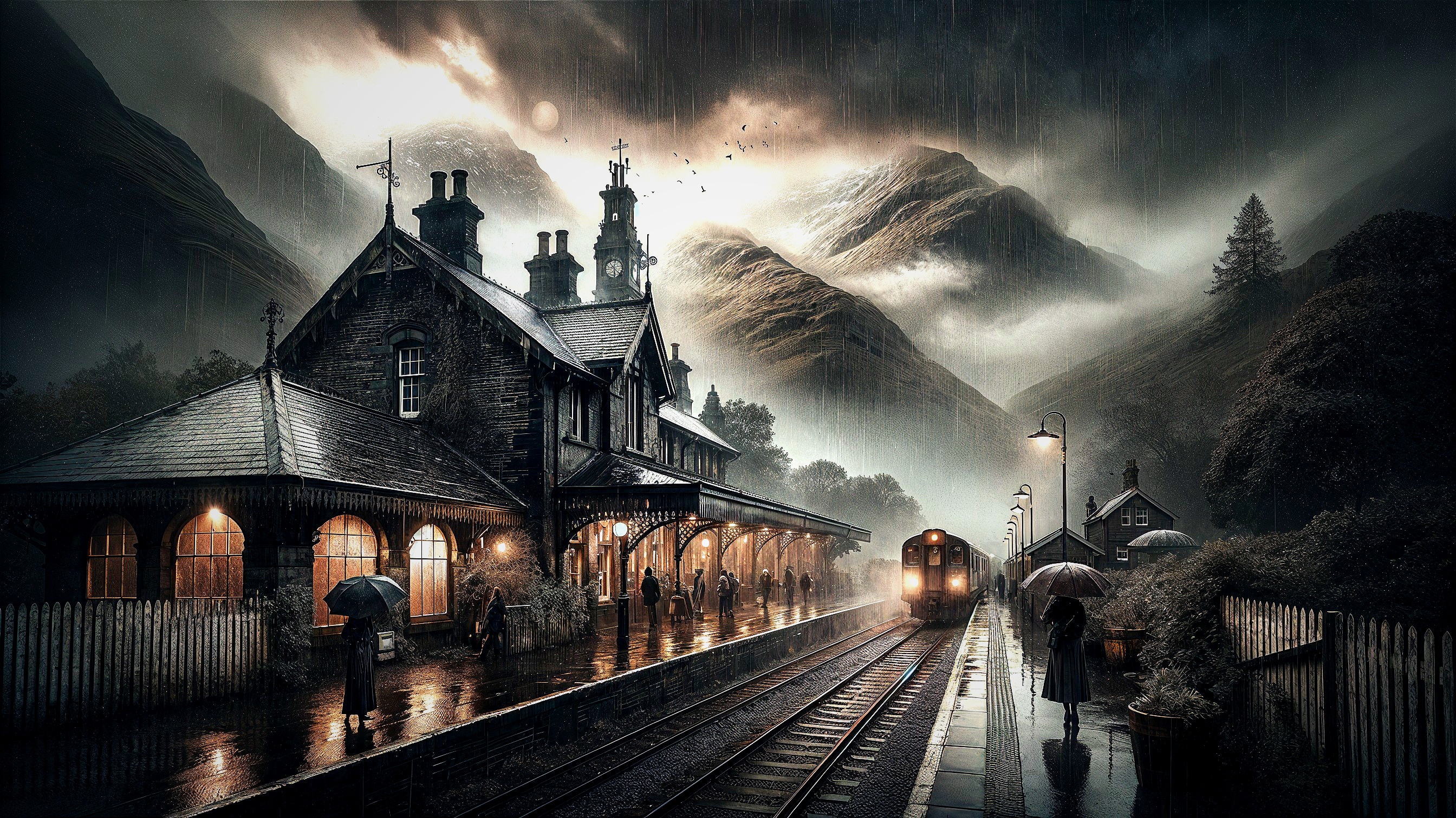 Misty Train Station with Vintage Train and Umbrellas
