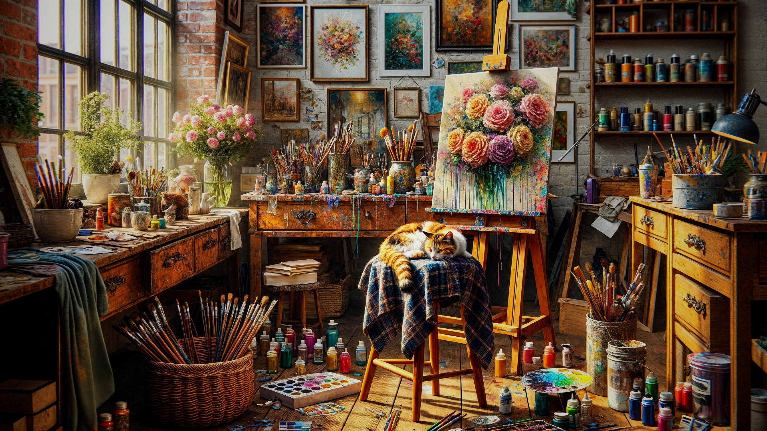 Vibrant Artist's Studio with Colorful Paintings and Cat