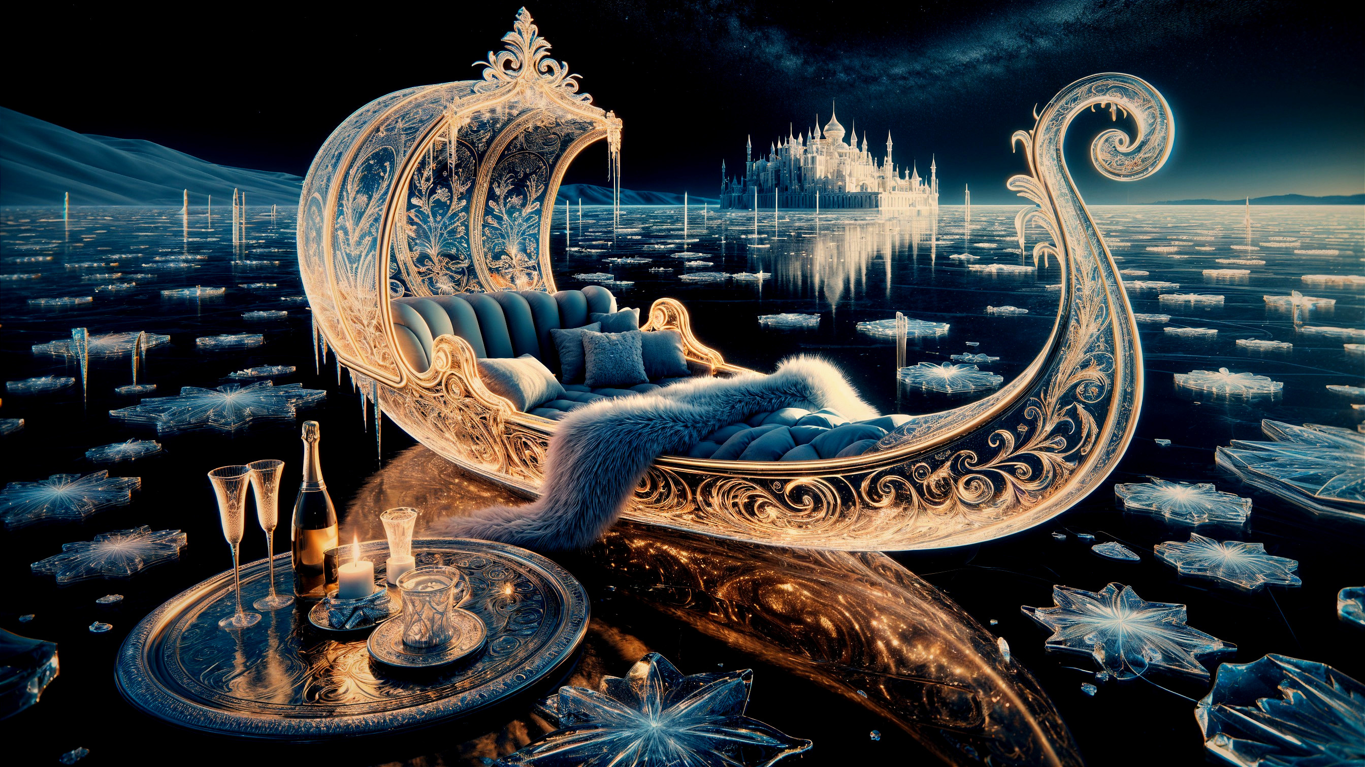 Ornate Gondola in Surreal Icy Landscape with Castle