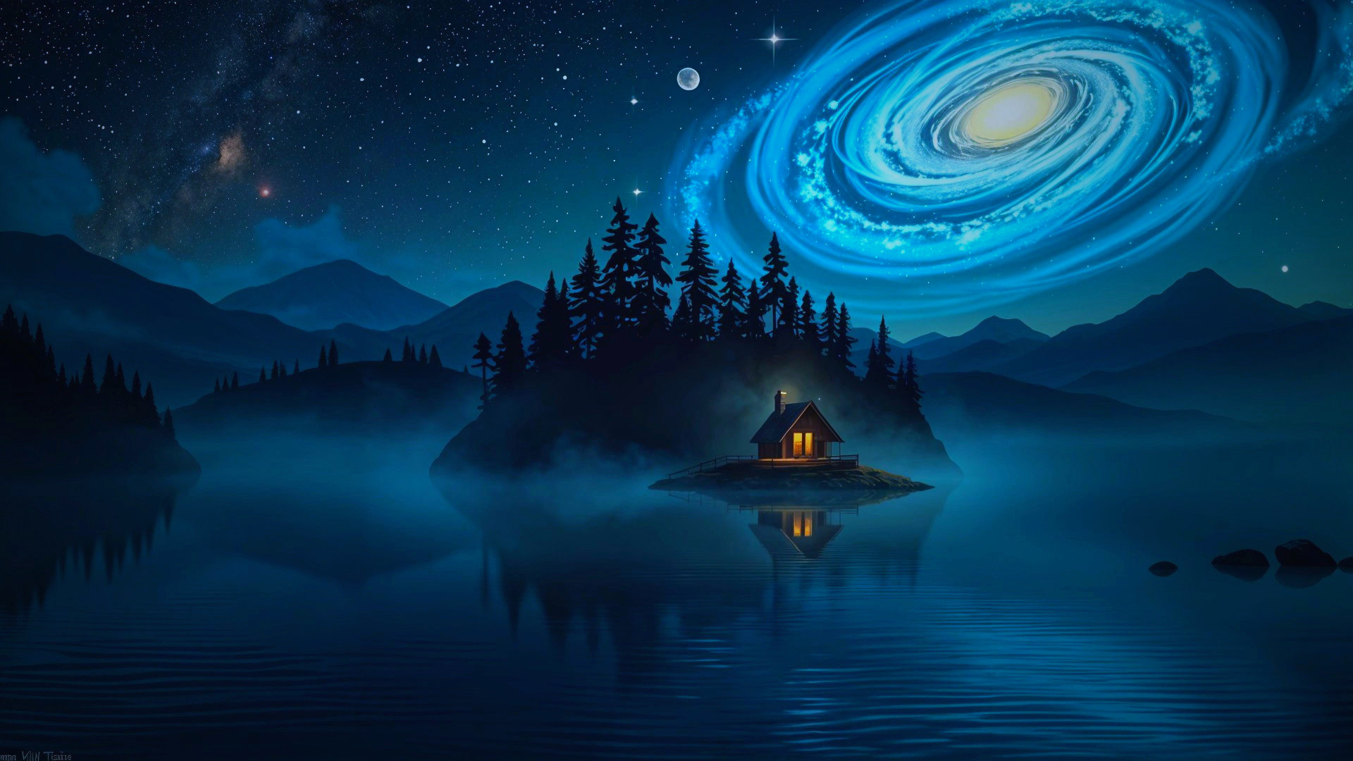 Cozy Cabin on Island Under Starry Night Sky