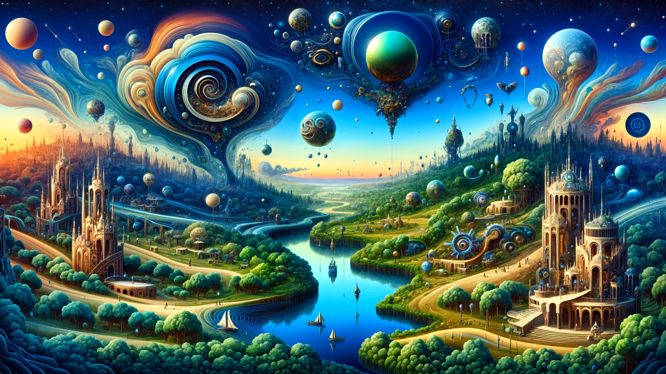 Surreal Landscape with Vibrant Colors and Castles