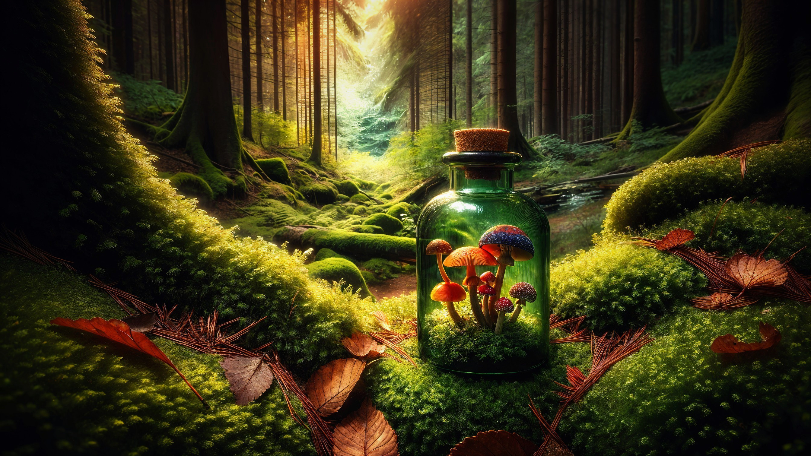 Glass Bottle Surrounded by Moss and Vibrant Mushrooms