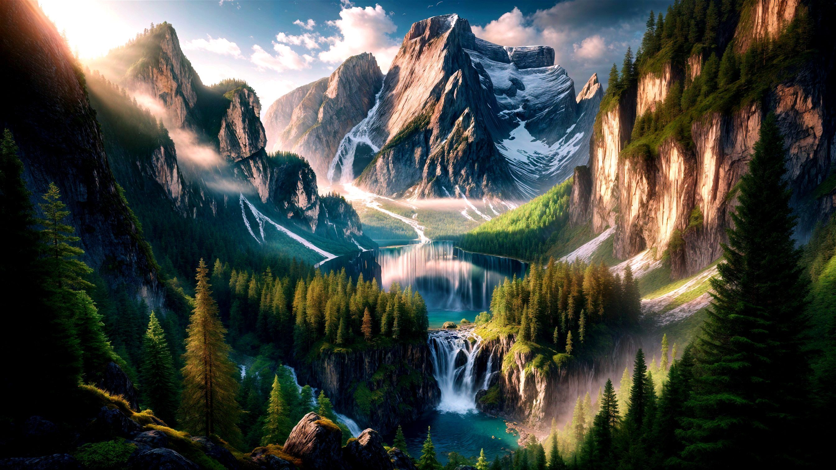 Snow-Capped Mountains and Lush Forest Landscape