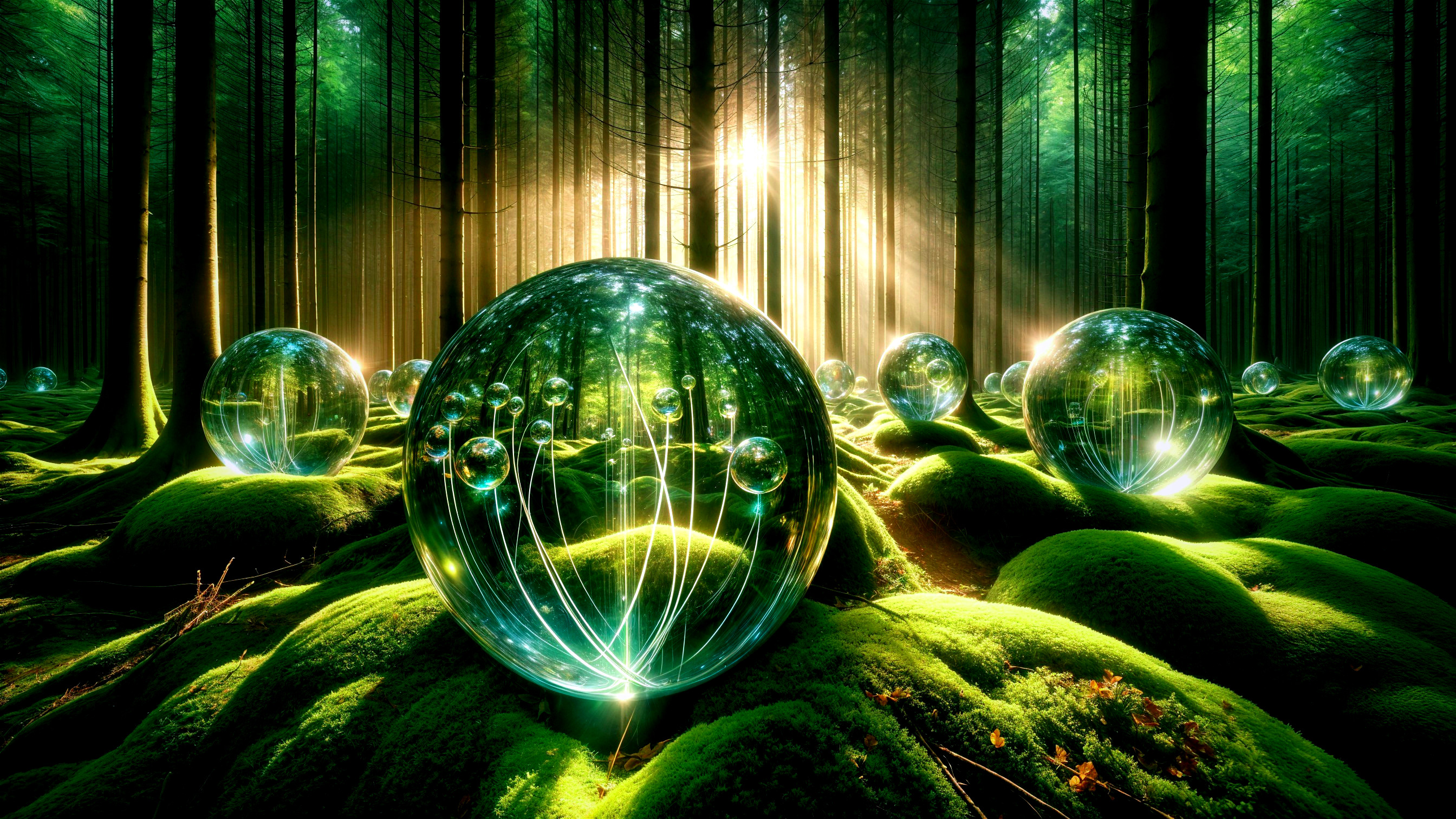 Mystical forest with glowing orbs and vibrant moss