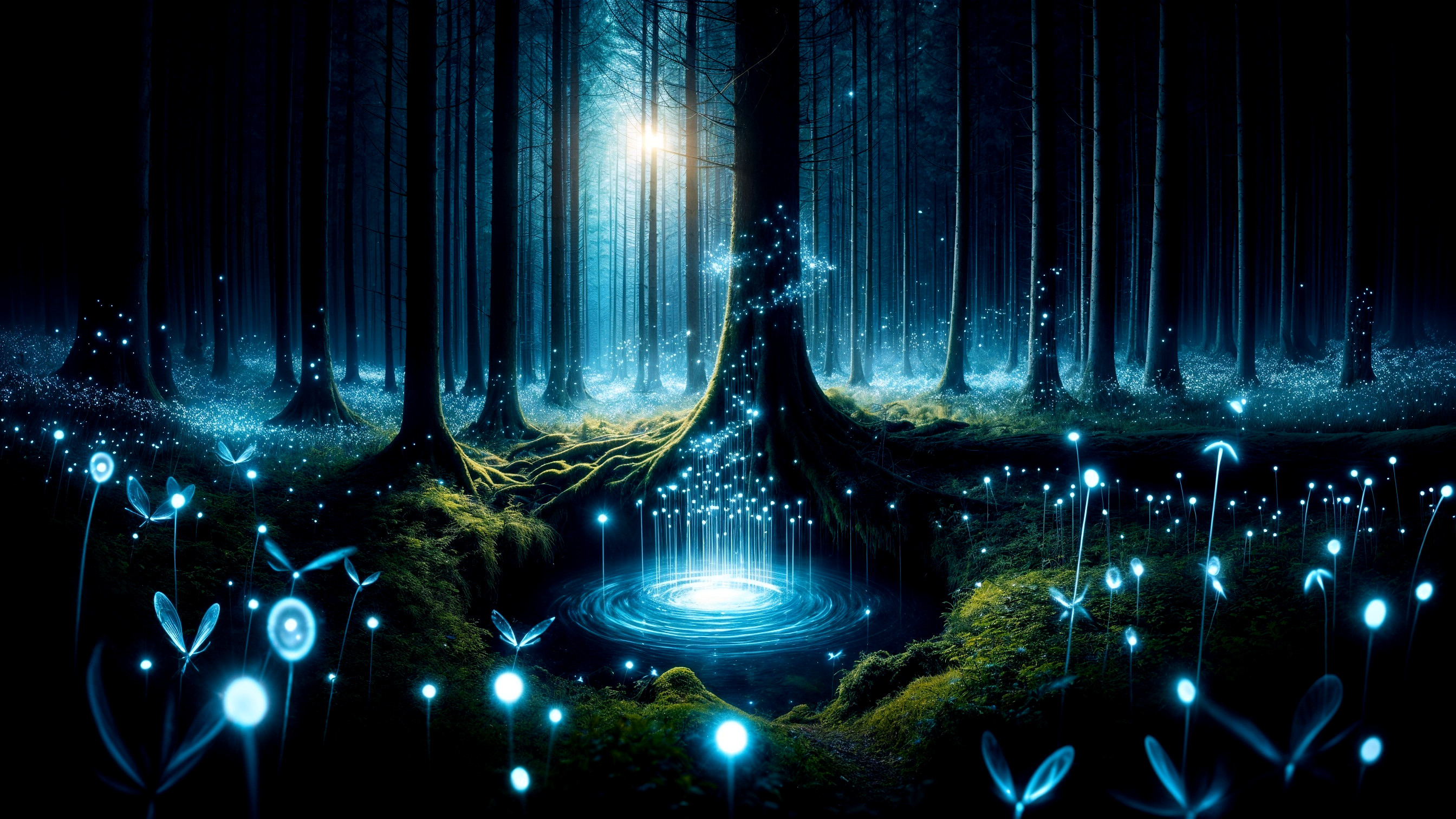 Mystical Forest with Ethereal Blue Light and Pond