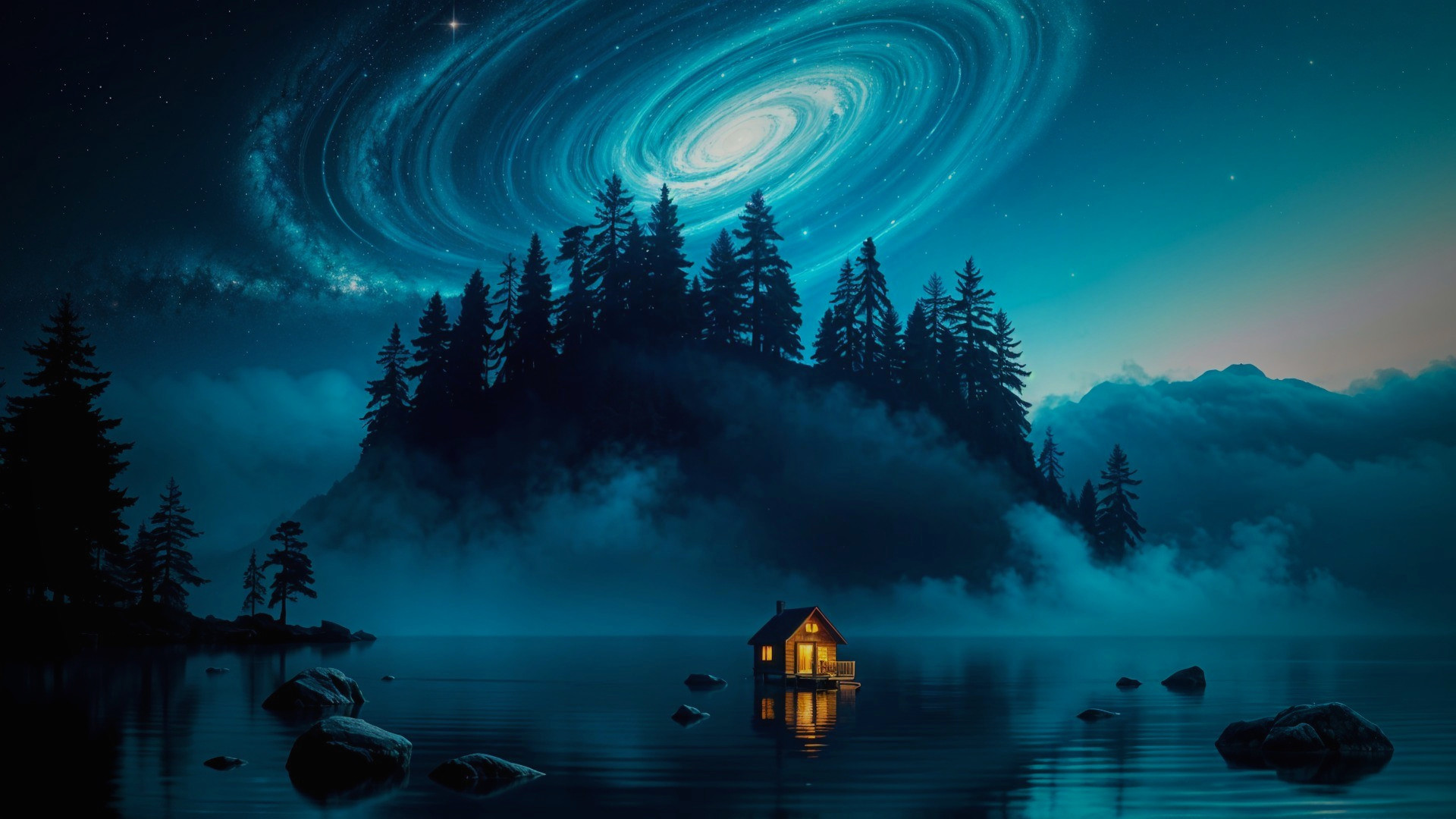 Serene landscape with illuminated cabin and galaxy