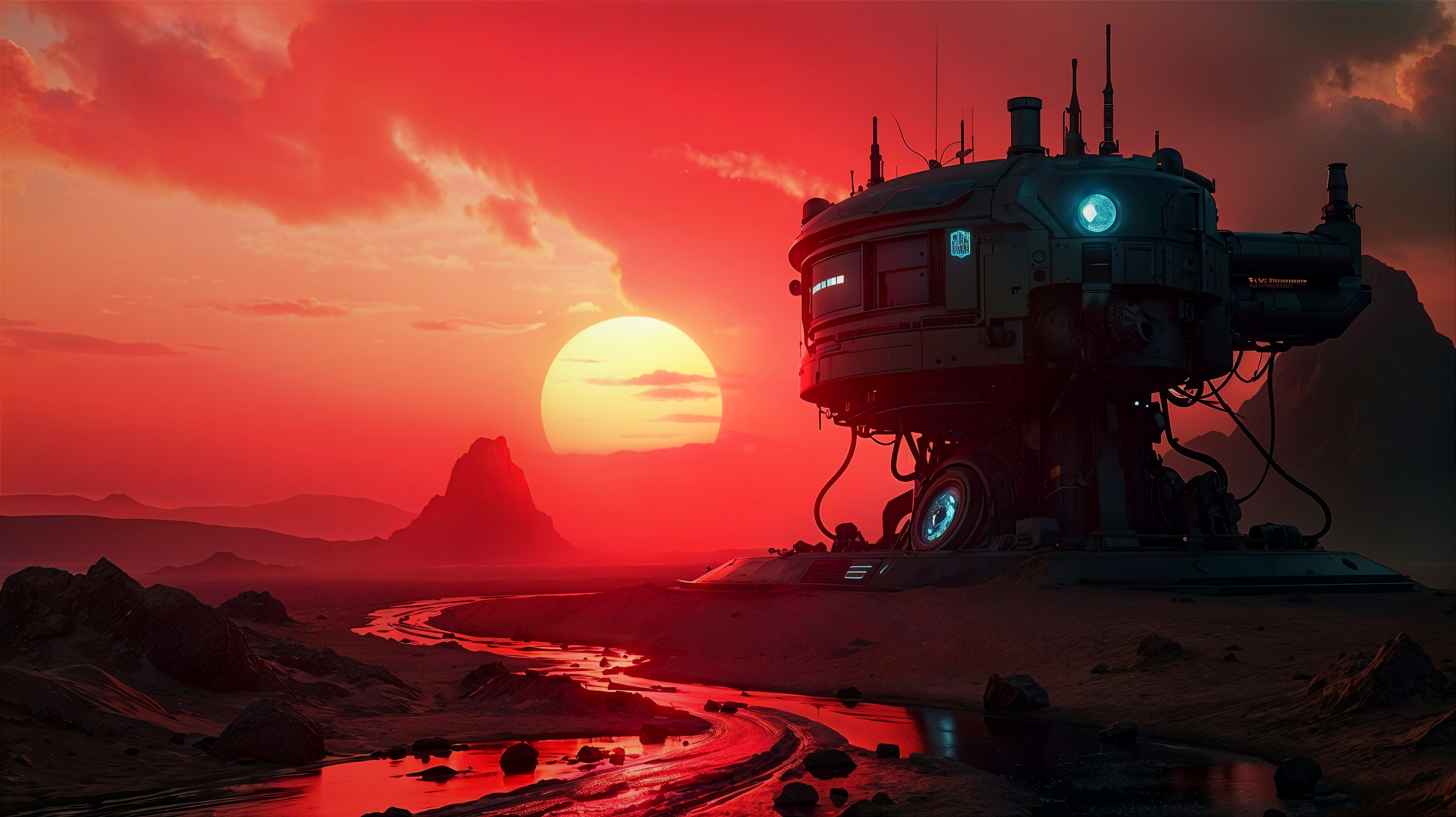 Futuristic habitat against vibrant red sunset backdrop
