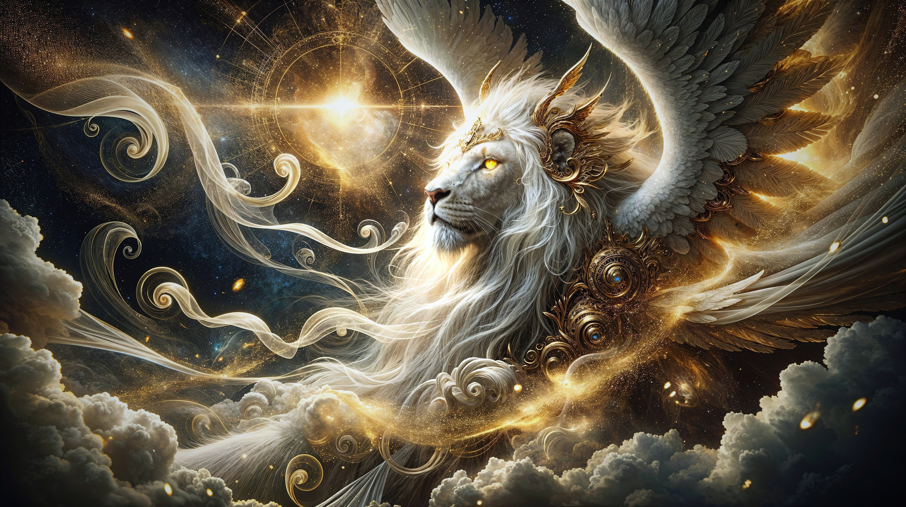 Majestic lion with wings against a cosmic backdrop