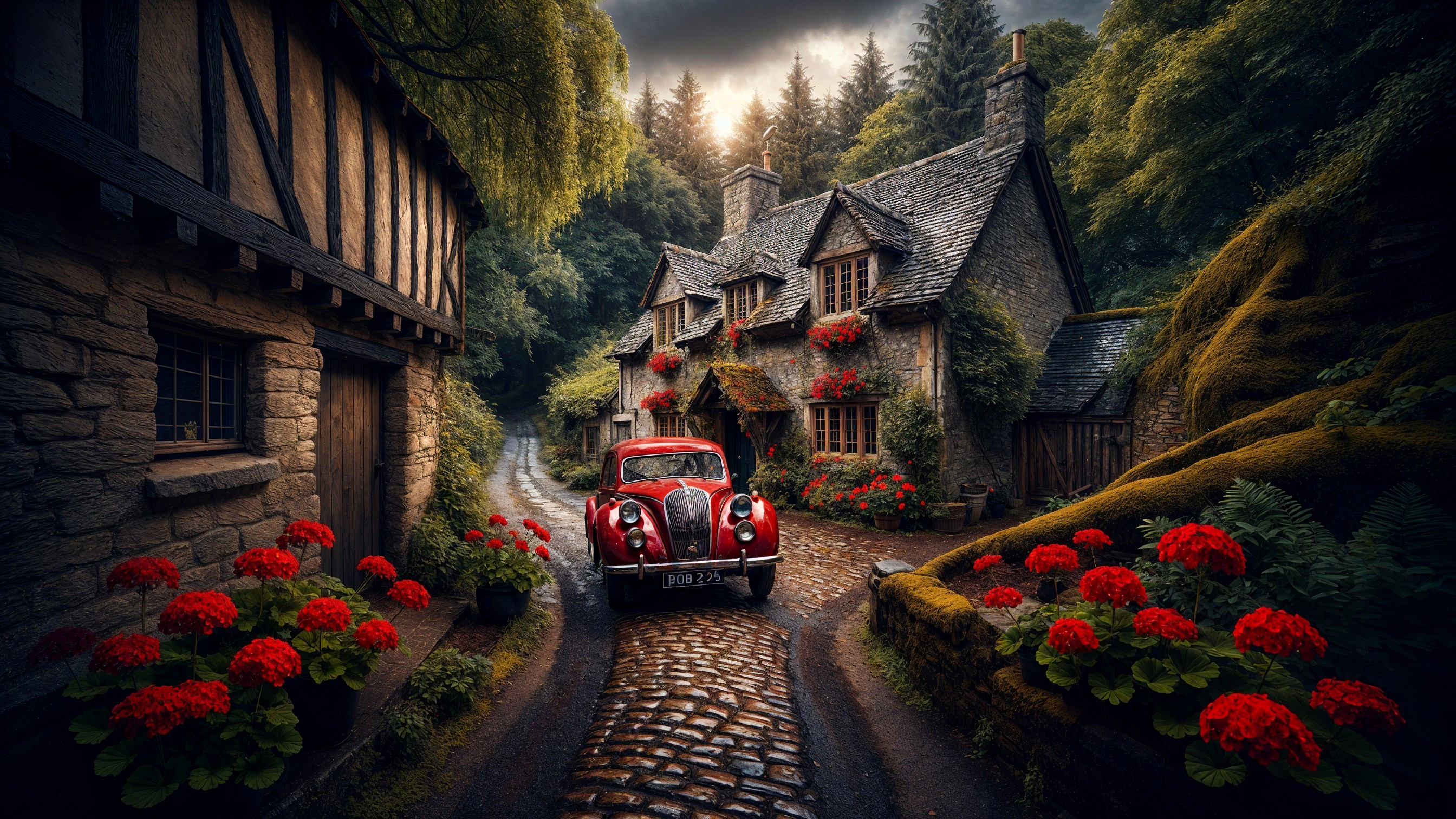 Vintage Red Car by Quaint Stone Cottage on Cobblestones