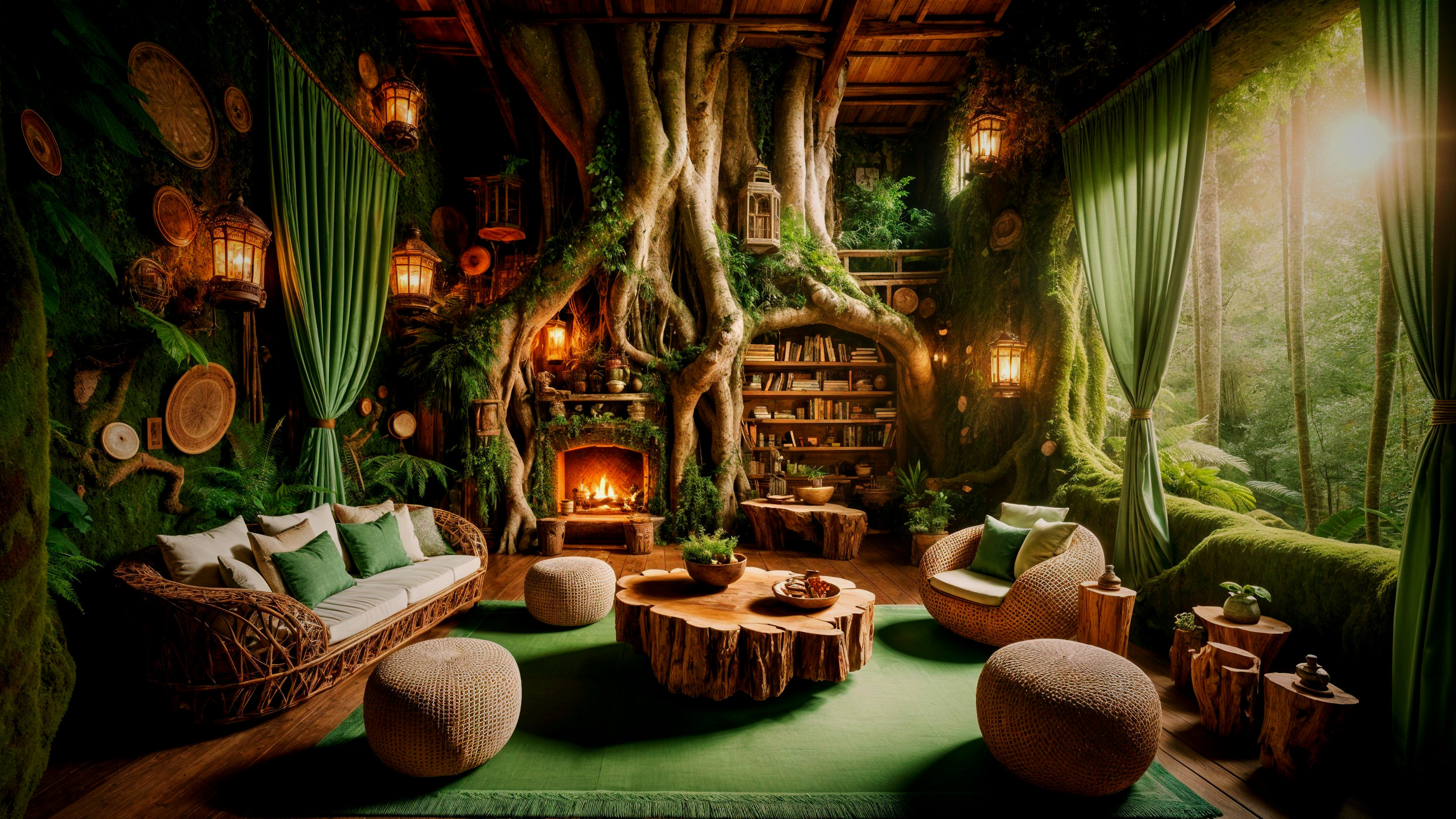 Cozy Nature-Inspired Living Room with Green Decor