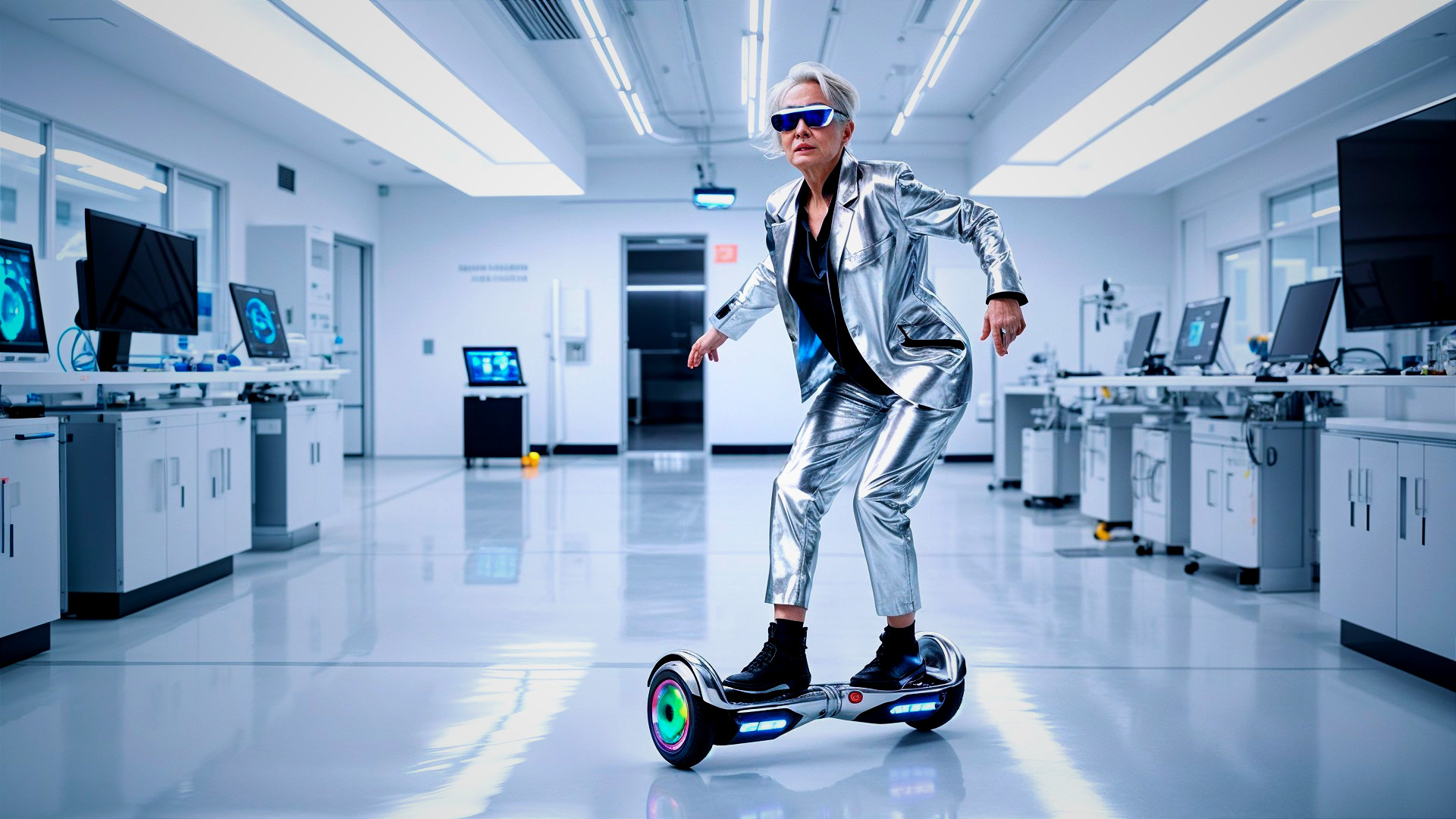 Older Woman on Futuristic Hoverboard in Modern Lab