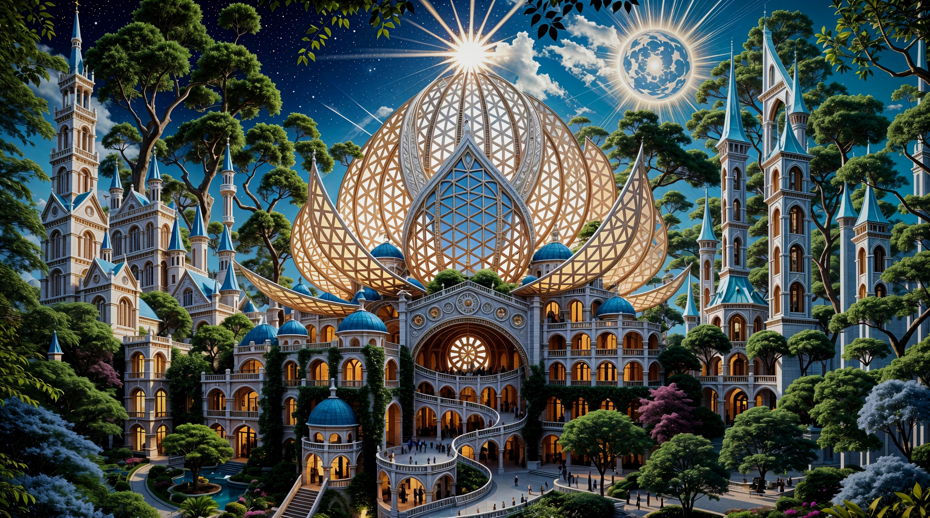 Futuristic Palace with Lotus Design in Lush Gardens