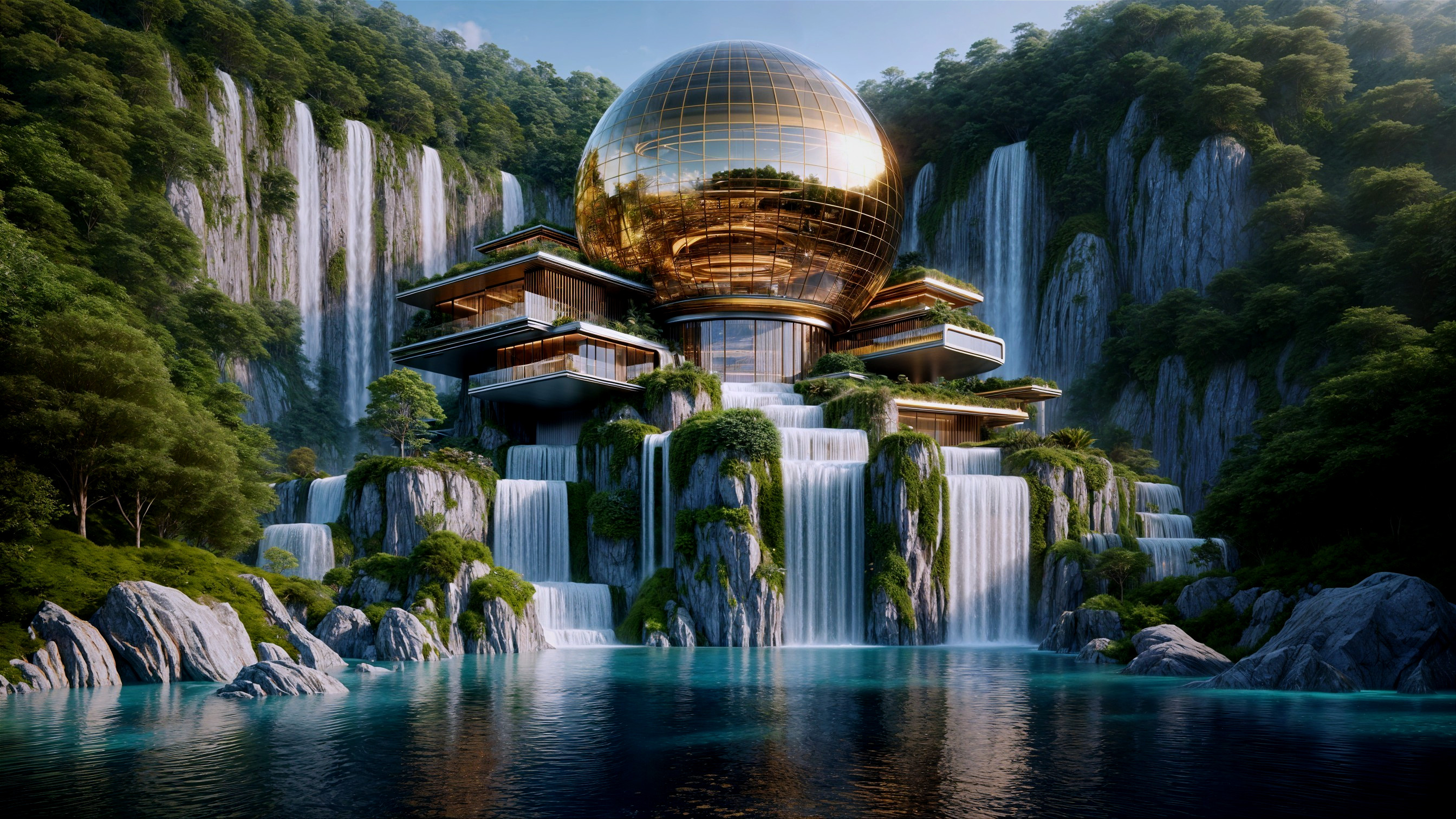 Futuristic structure with golden sphere in lush landscape
