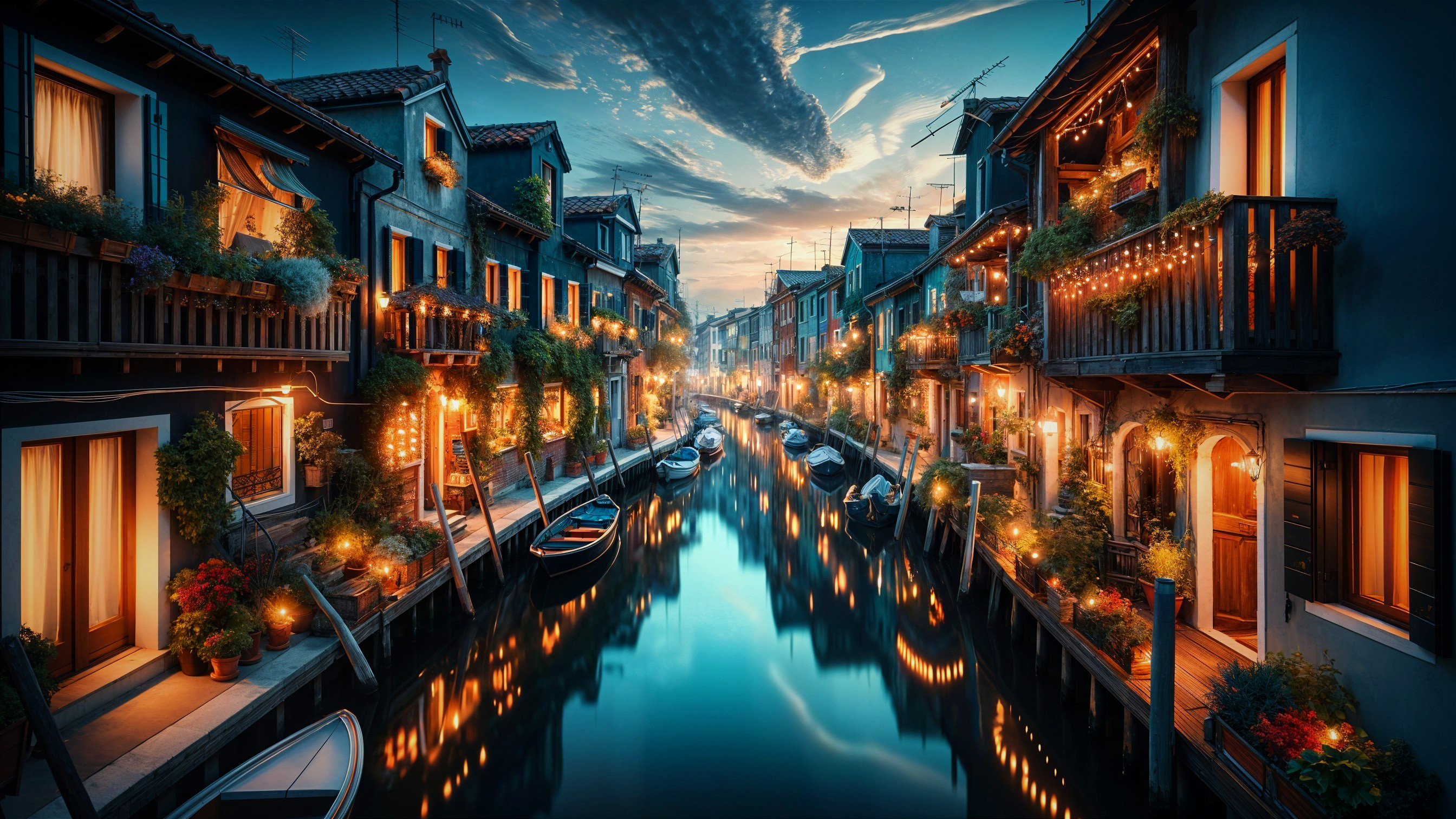 Enchanting Canal Scene with Charming Houses and Lights