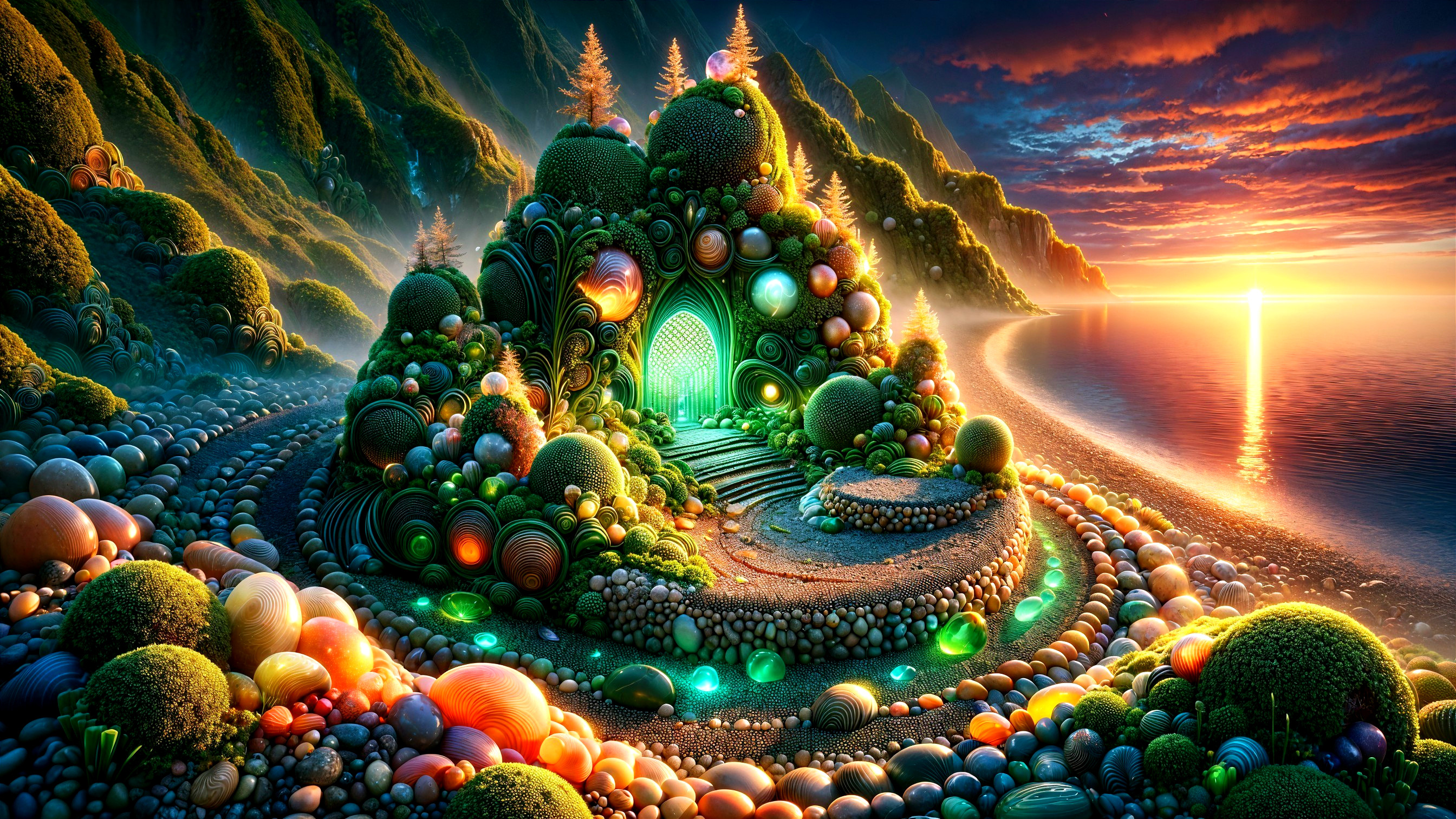 Vibrant Whimsical Landscape with Beach and Mountains