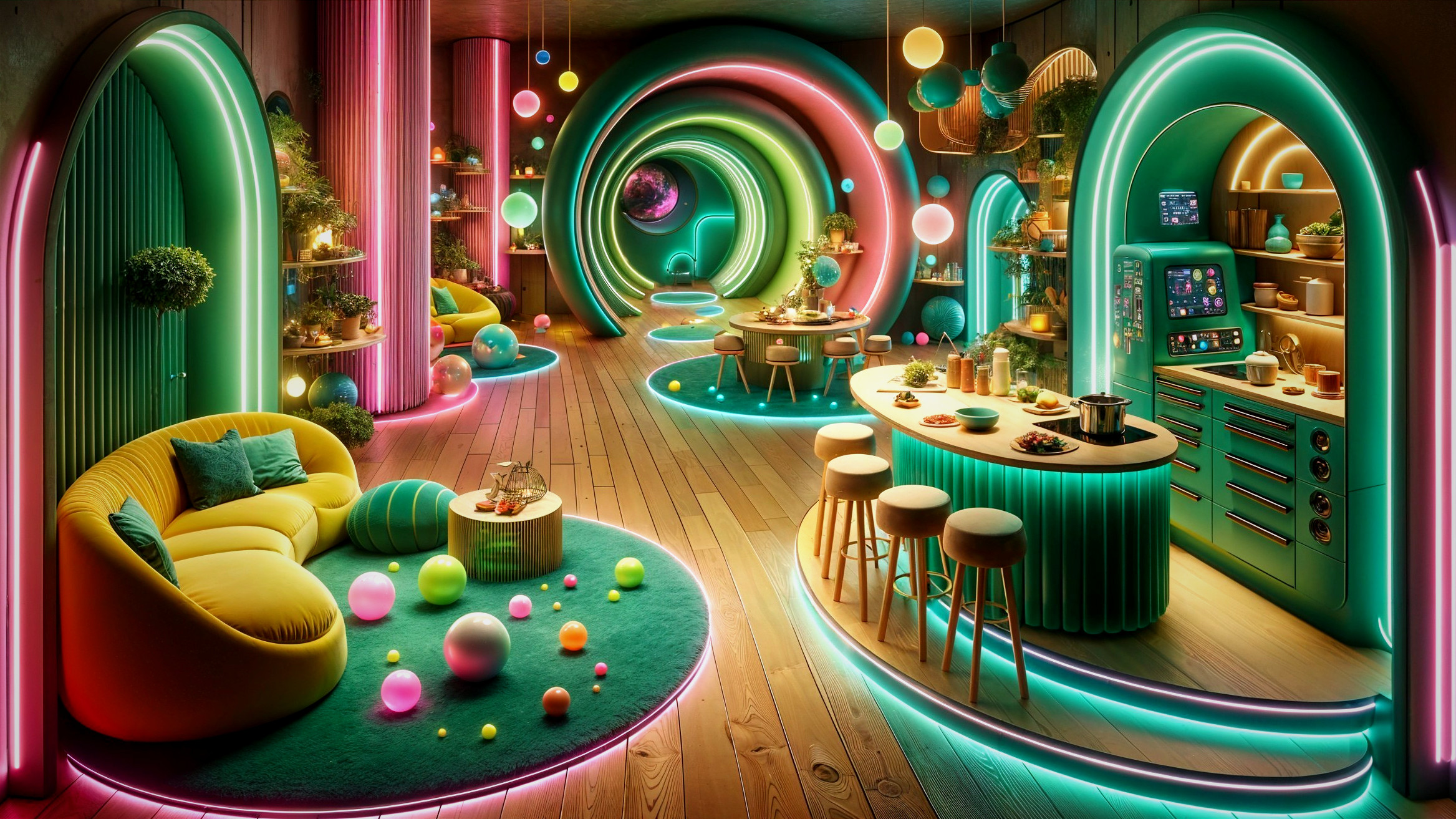 Futuristic interior with neon lights and cozy furniture