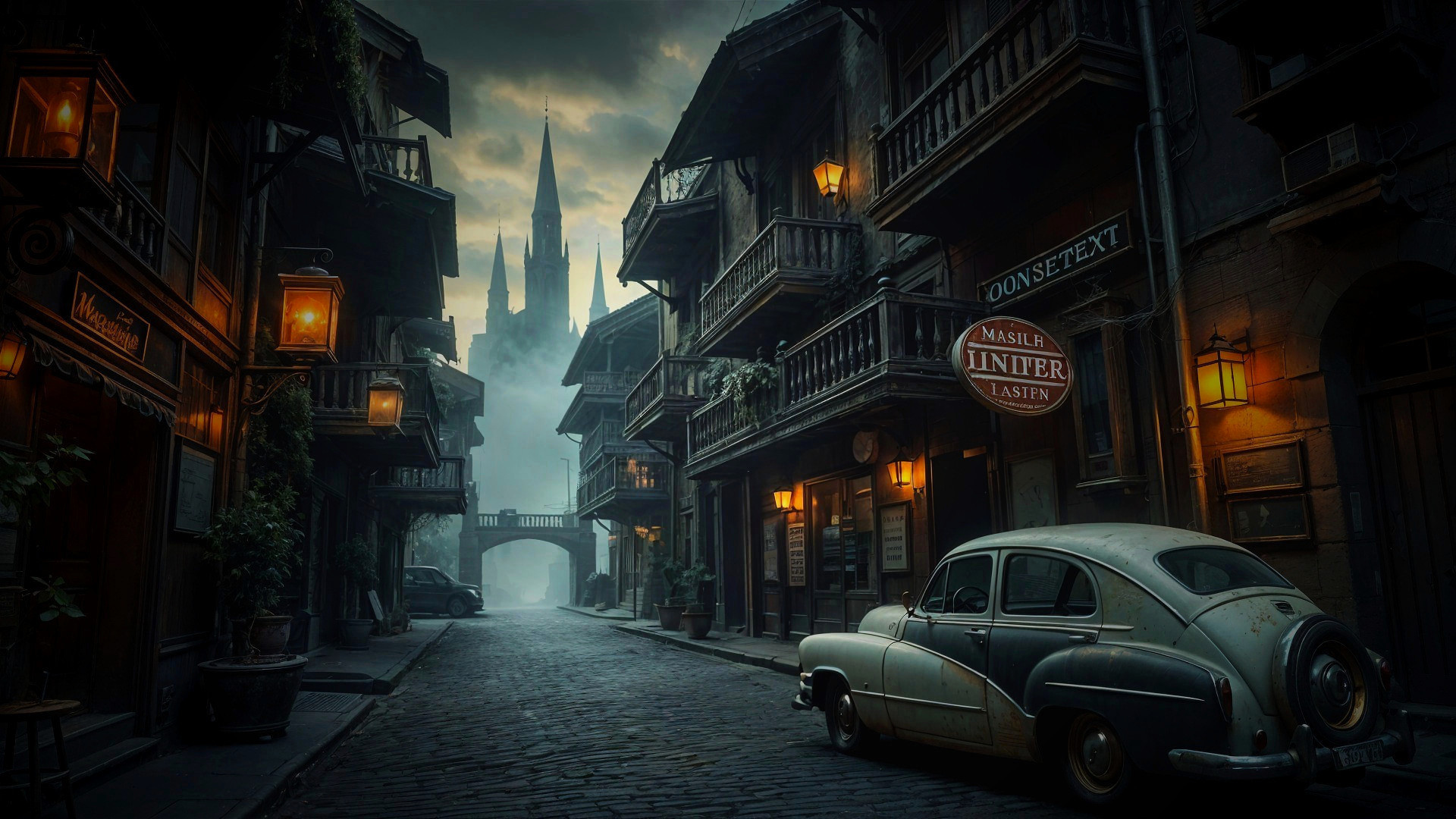 Dimly Lit Cobblestone Street with Vintage Charm