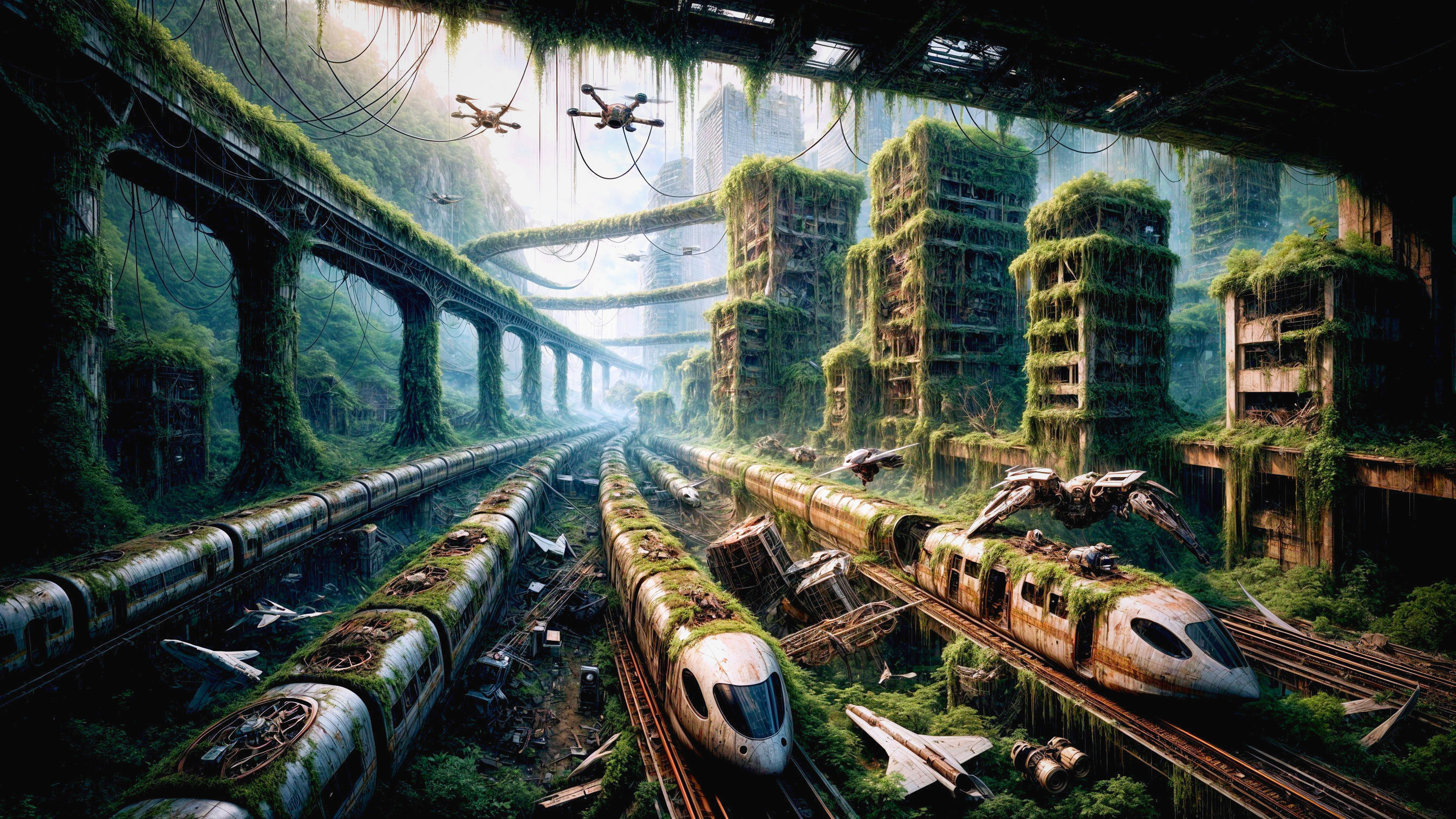 Post-Apocalyptic Landscape with Abandoned Trains and Ruins