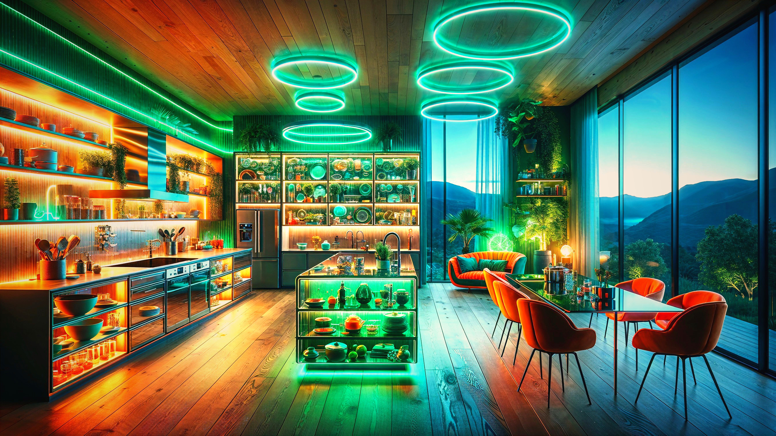 Modern Kitchen with Neon Lighting and Mountain View