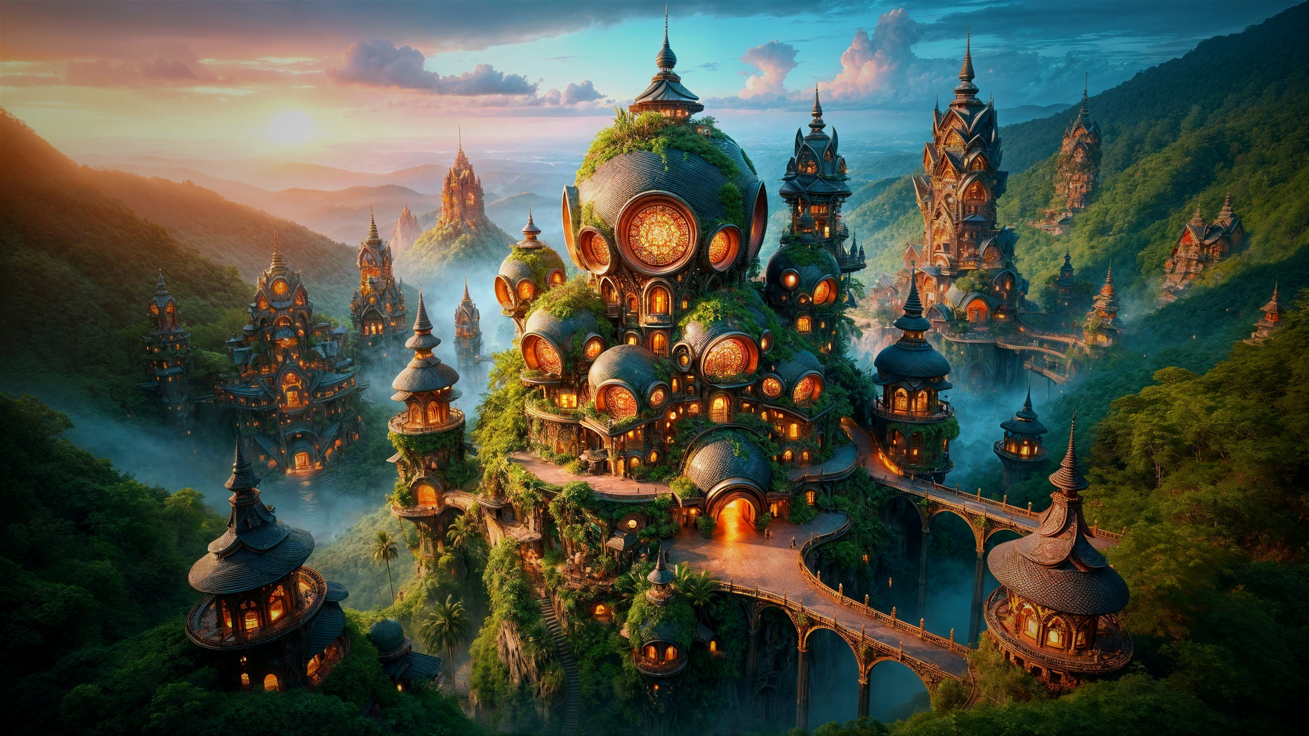 Vibrant City with Mushroom Towers and Sunset Glow