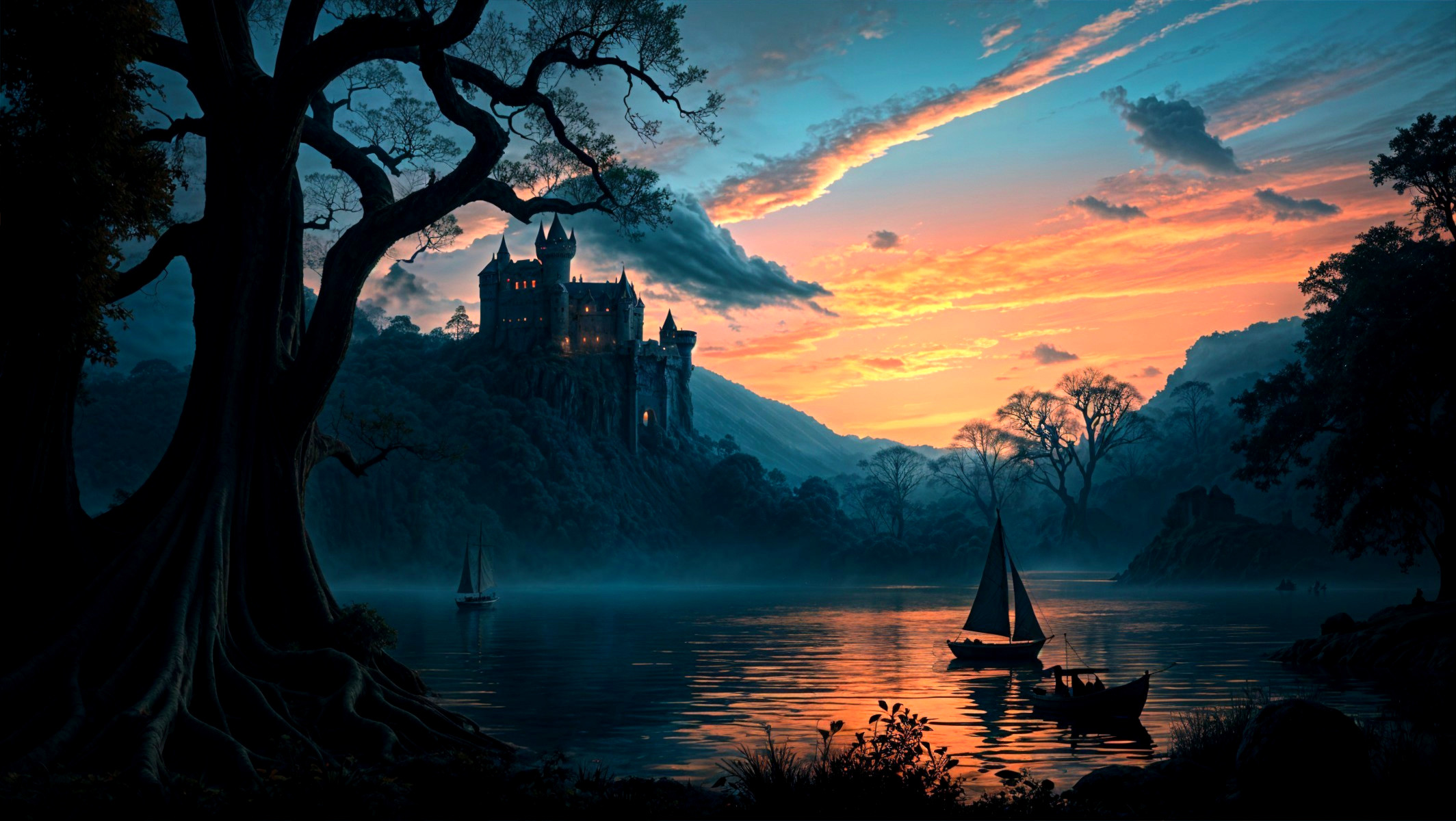 Twilight Landscape with Castle and Calm Lake