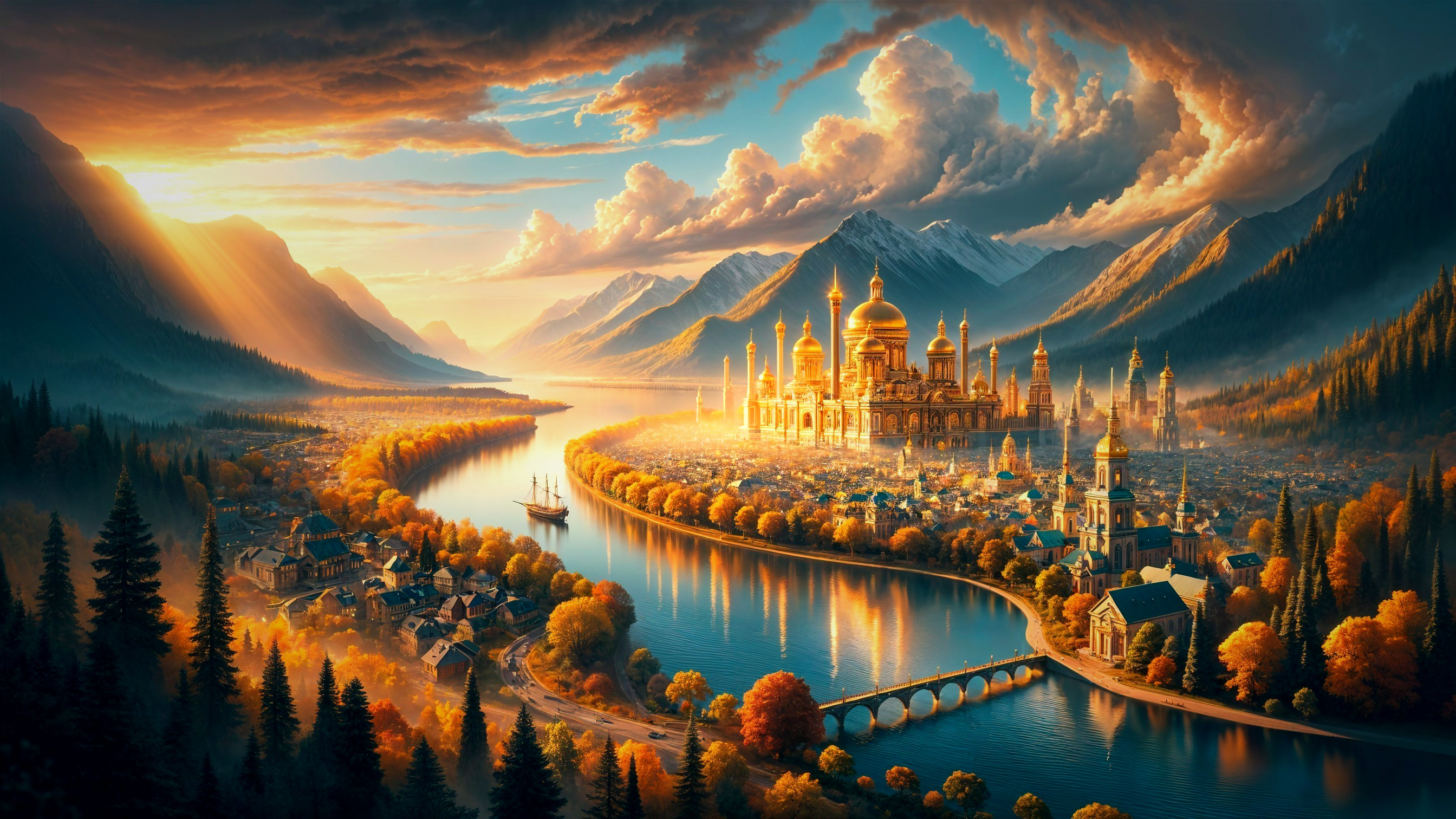 Majestic Fantasy City with Golden Domes and Mountains