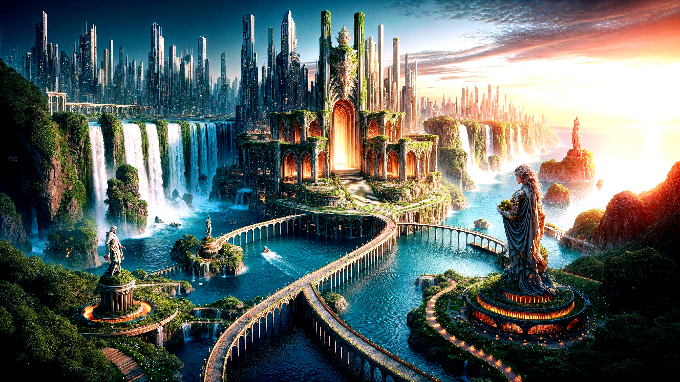 Fantasy Landscape with Waterfalls and Skyscrapers