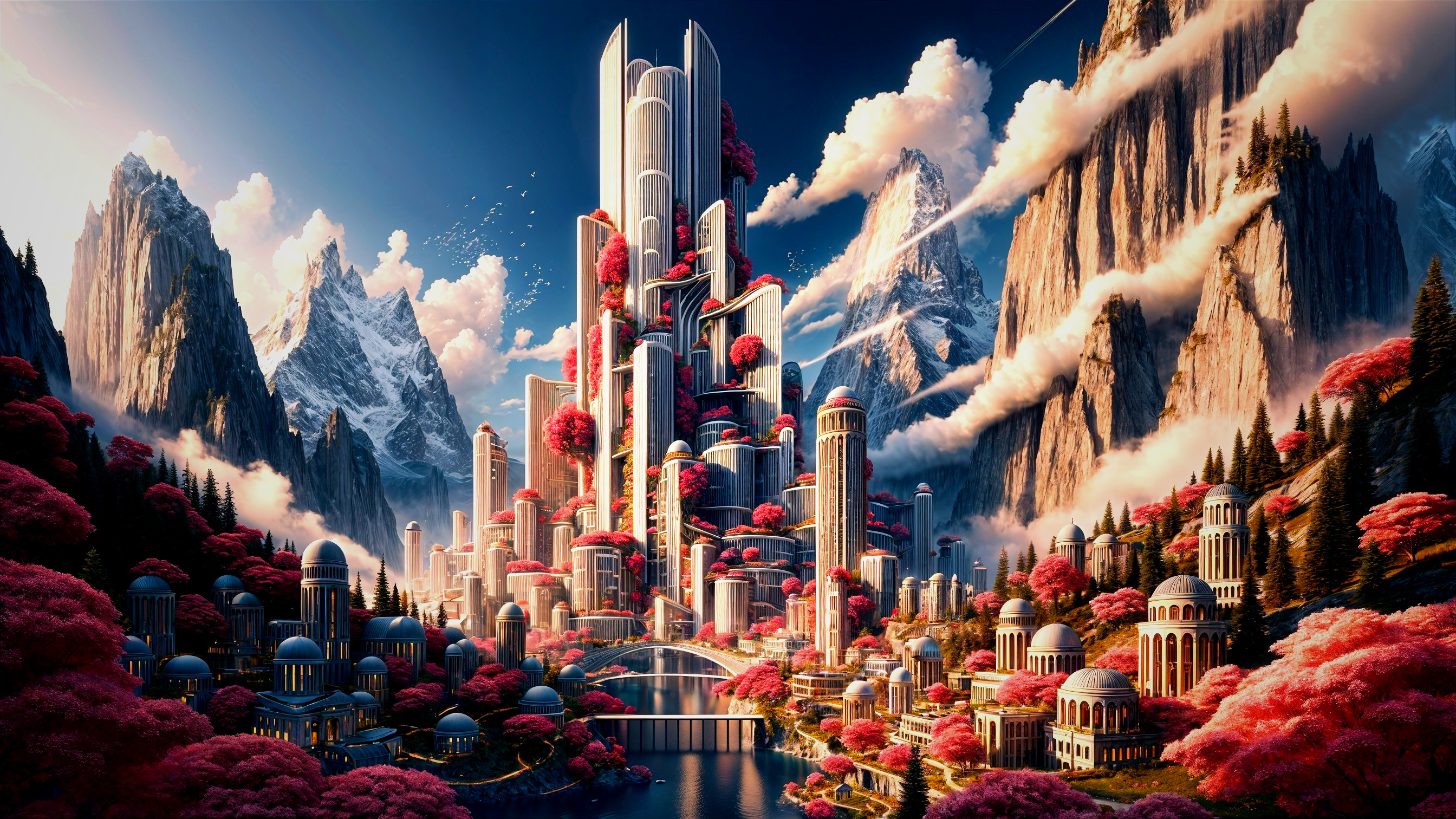 Futuristic cityscape with mountains and vibrant foliage