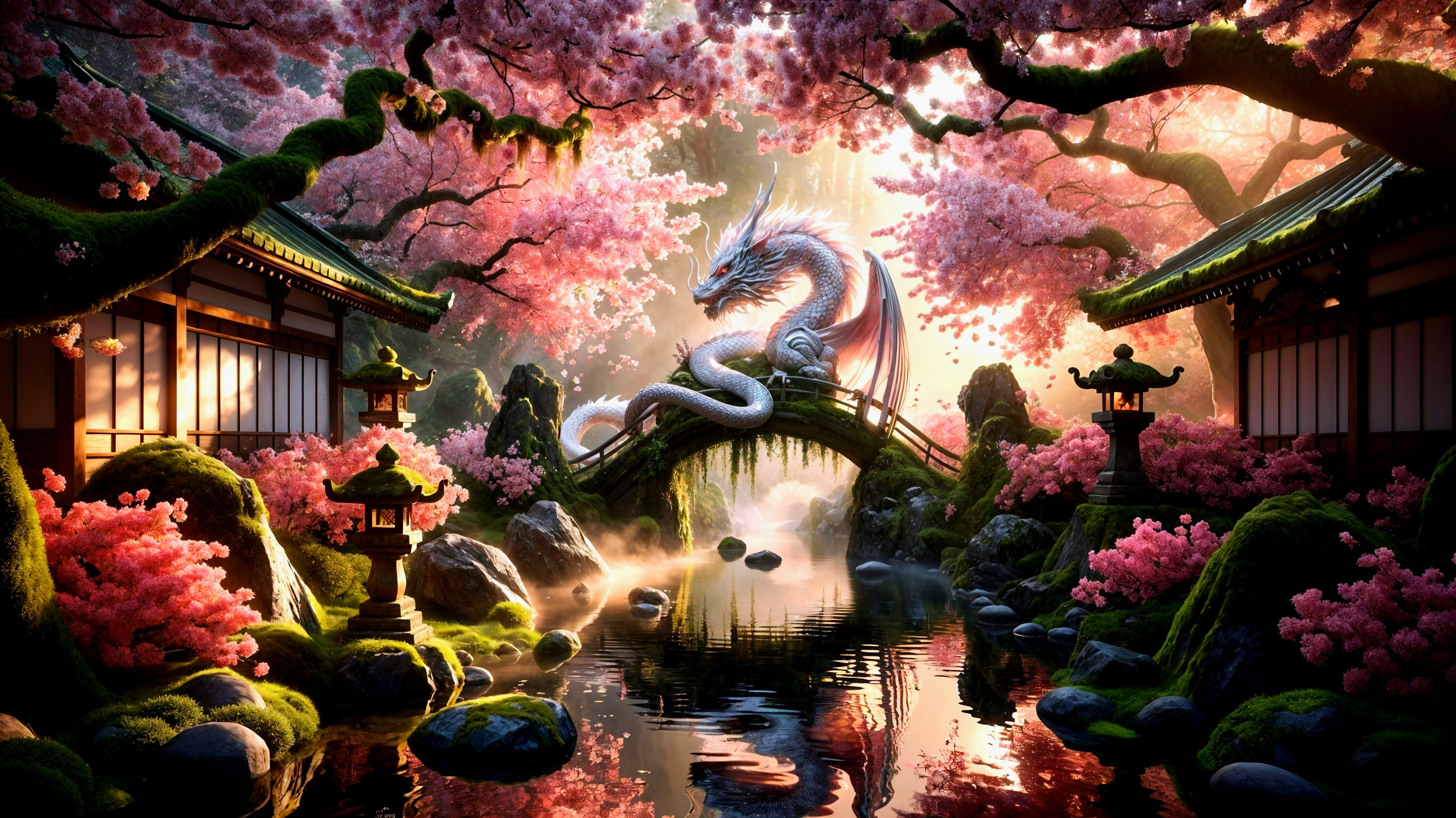 White Dragon in Serene Garden with Cherry Blossoms