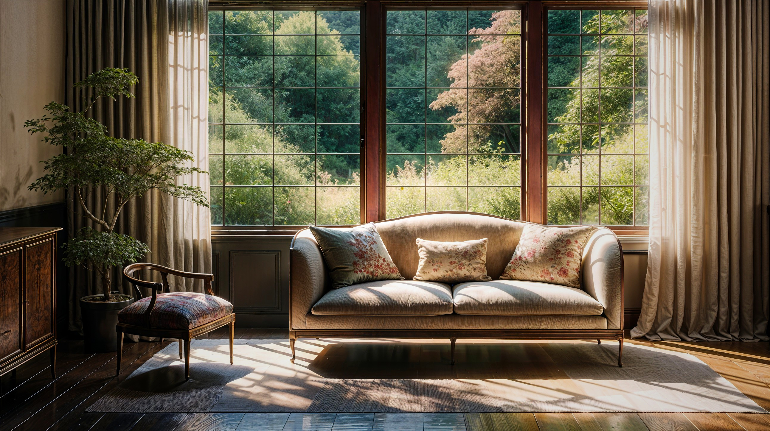 Cozy living room with floral cushions and natural light
