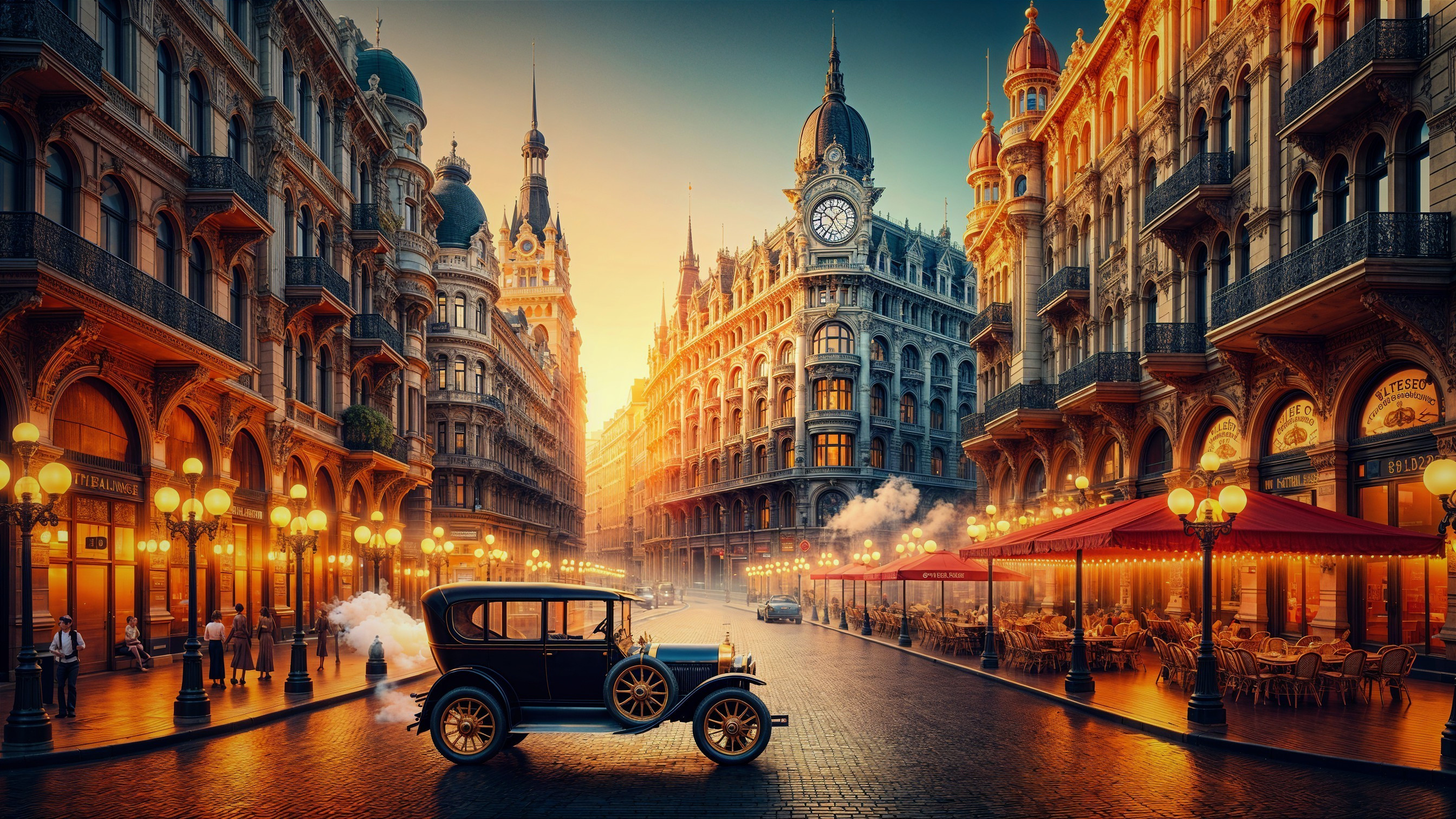 Vintage Car on Cobblestone Street with Ornate Buildings