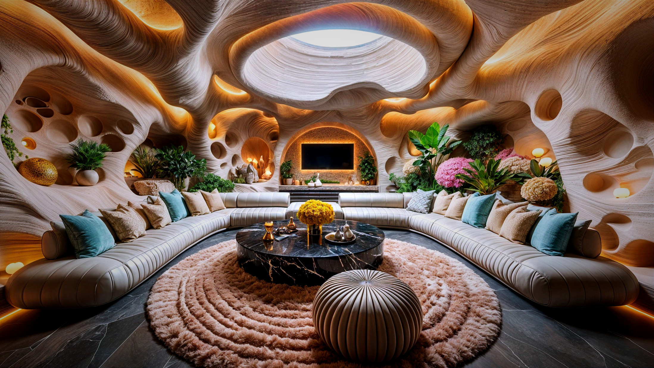 Organic Room Design with Curved Walls and Skylight