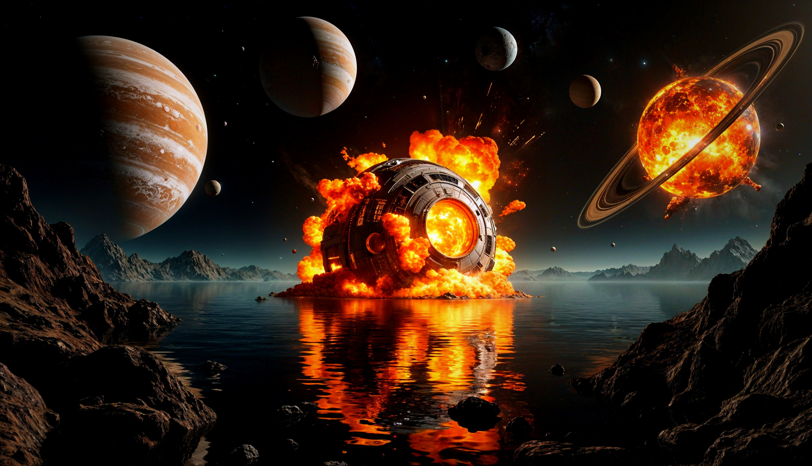 Dramatic Cosmic Scene with Spacecraft Explosion and Planets