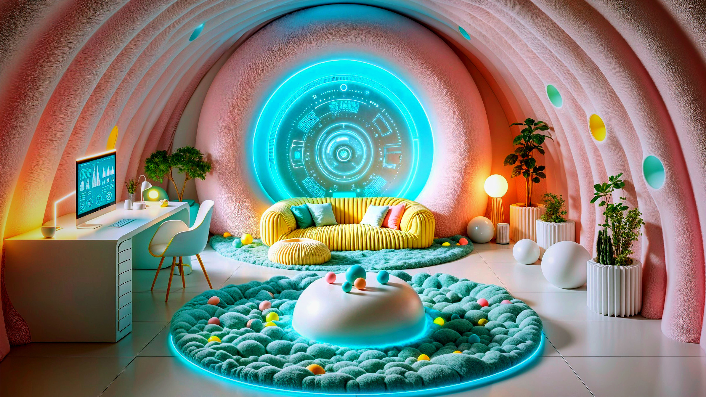 Futuristic Room Design with Vibrant Colors and Shapes