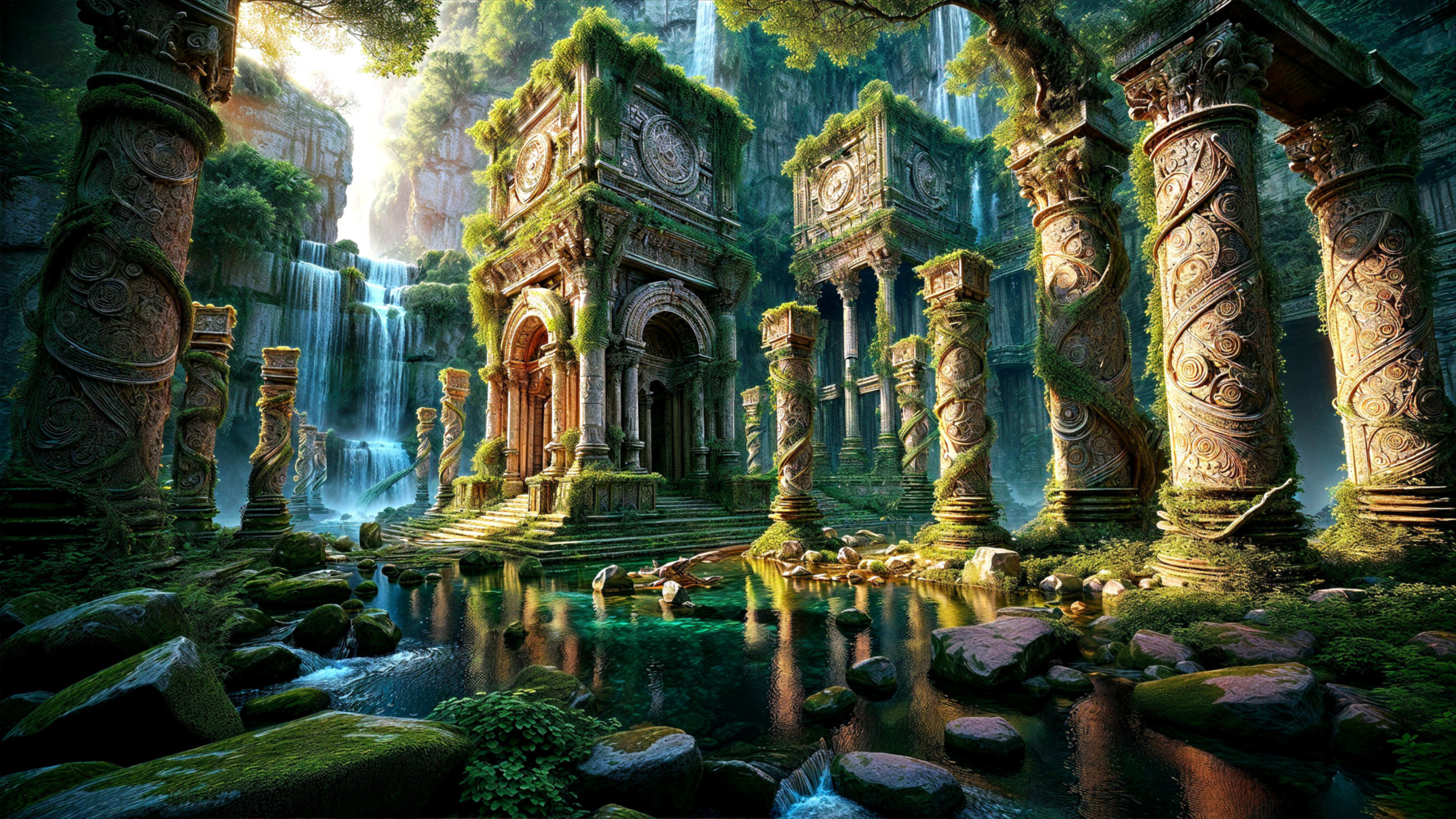 Ancient Ruin Surrounded by Lush Nature and Waterfalls