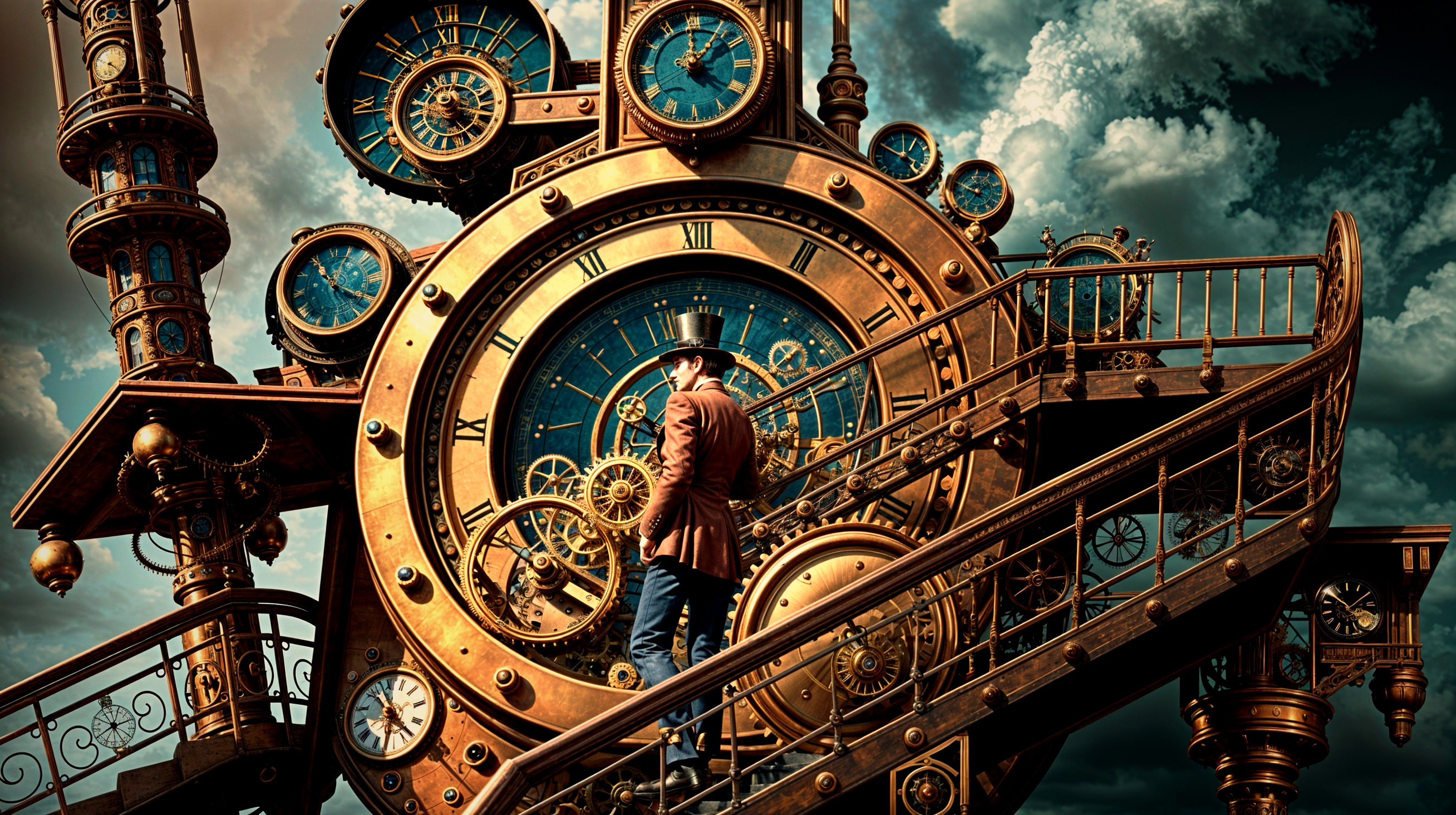 Steampunk Scene with Intricate Clock and Gears