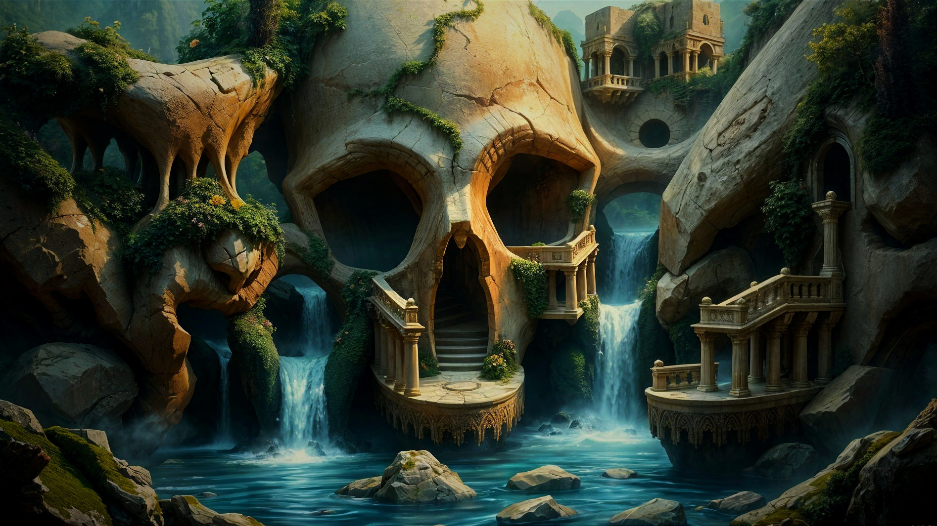 Surreal Landscape with Skull-Shaped Structure and Waterfalls
