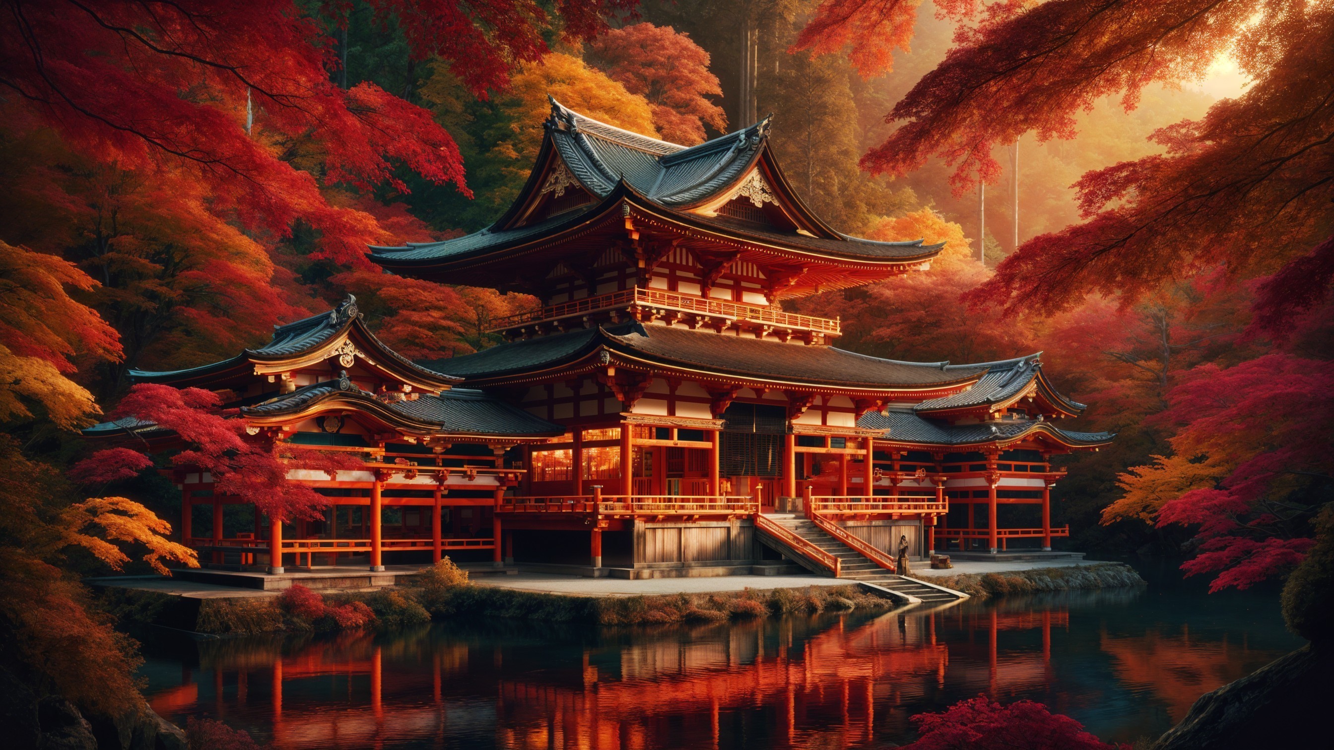 Traditional Japanese Temple Amid Autumn Foliage