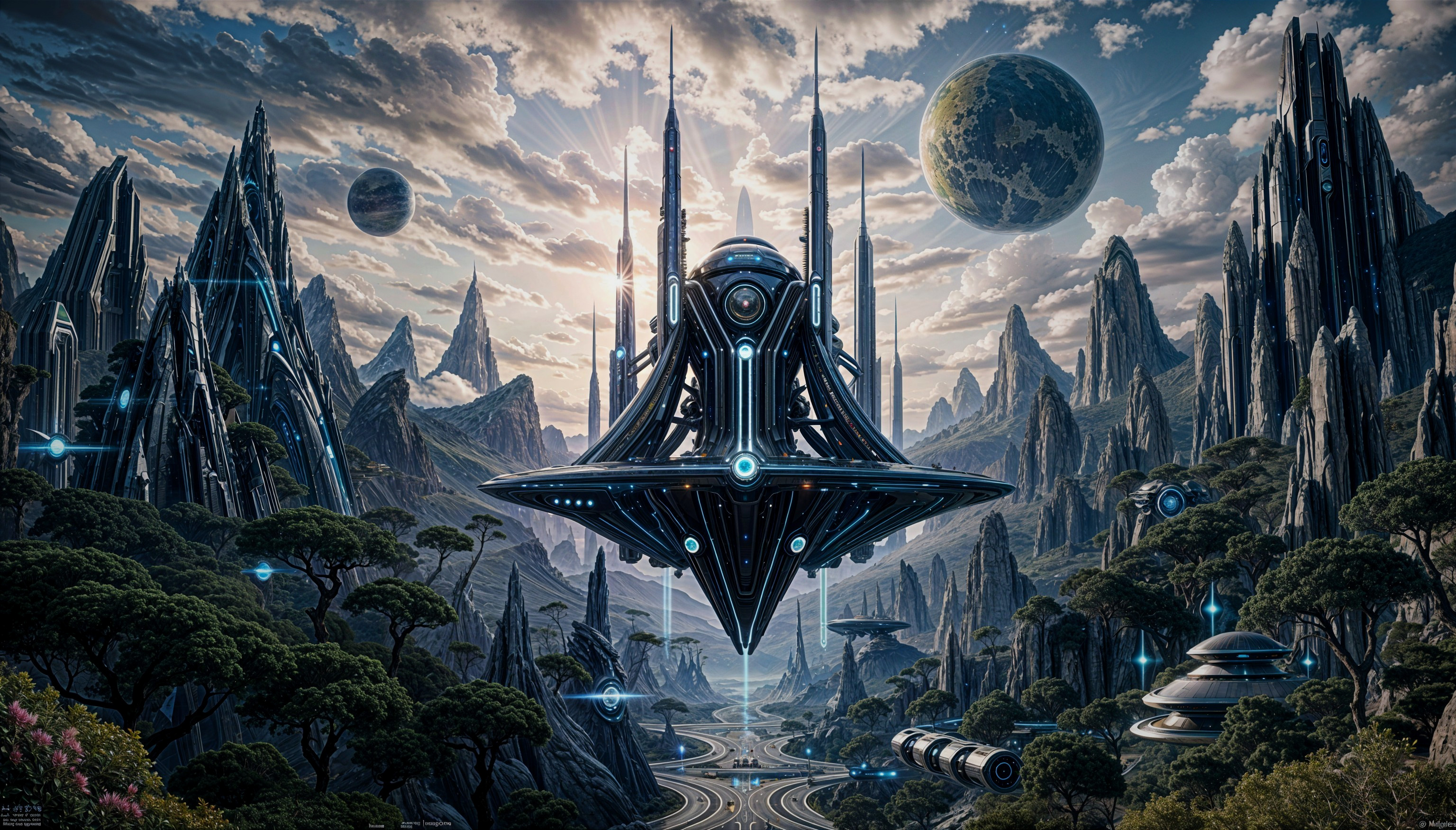 Futuristic Landscape with Mountains and Advanced Structures