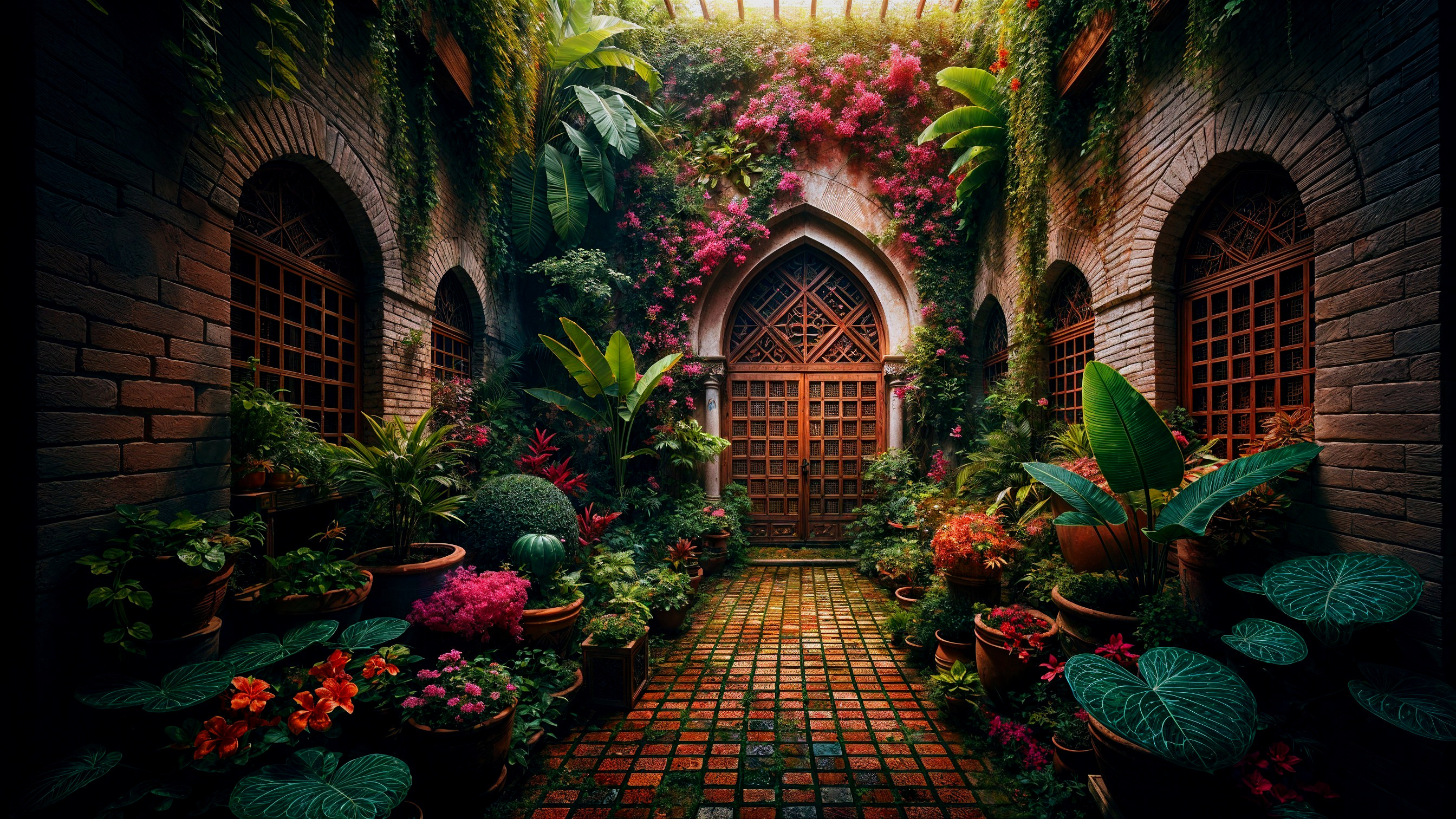 Lush Courtyard with Greenery and Colorful Flowers