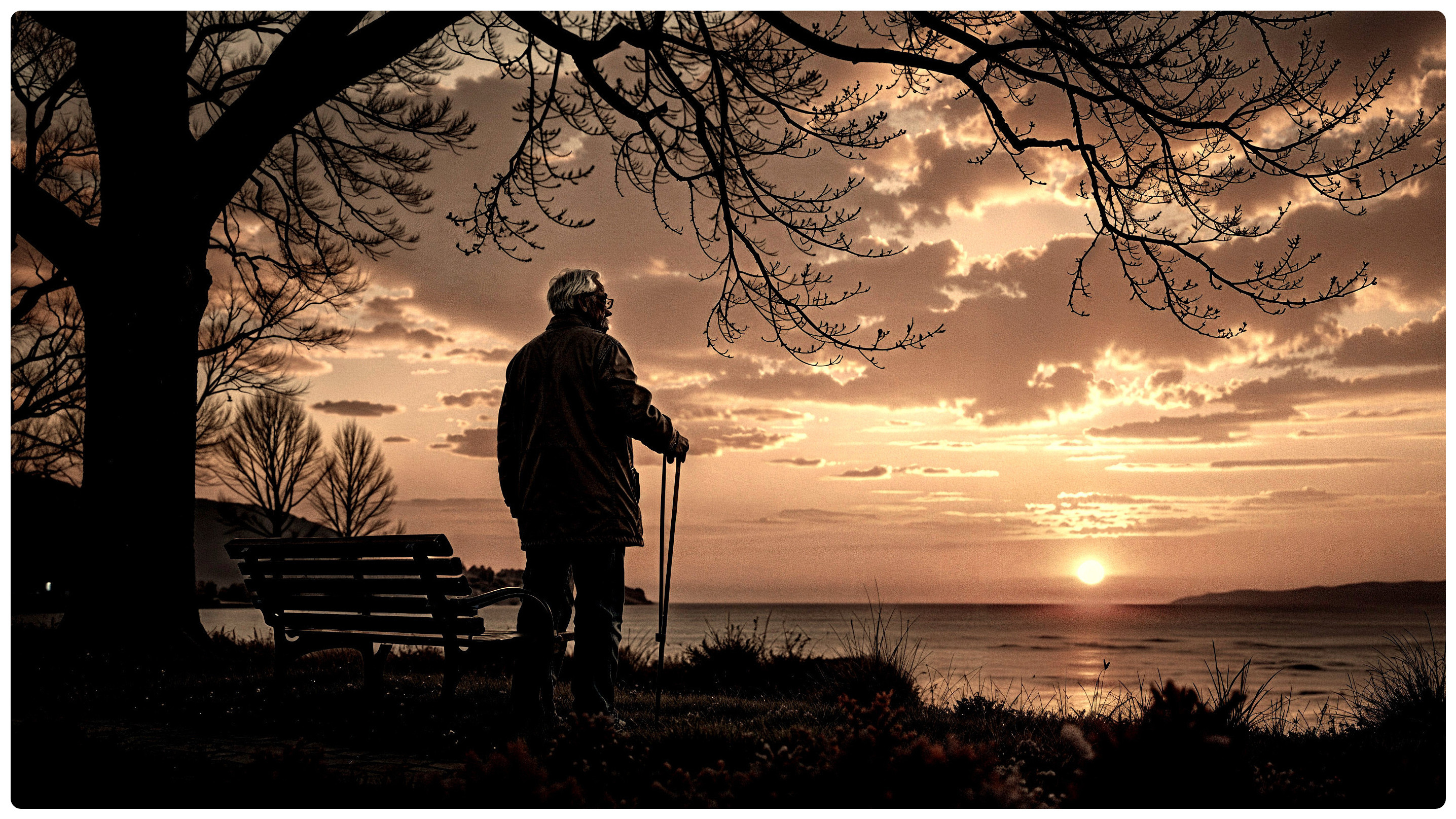 Elderly Man at Sunset on Tranquil Shoreline