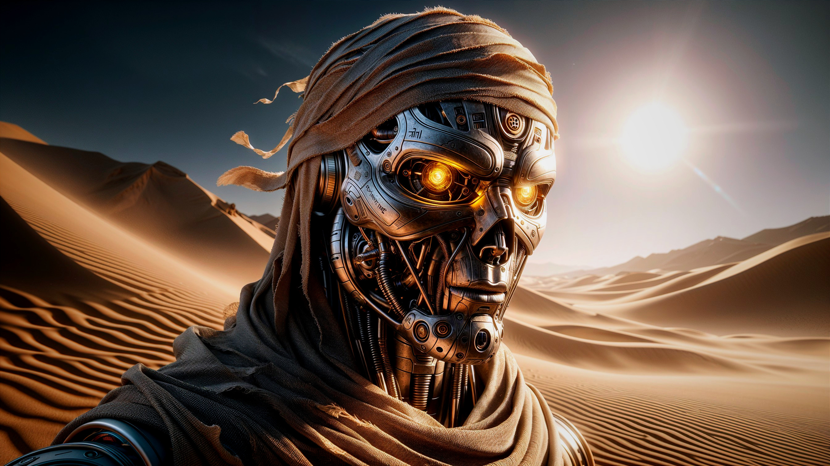 Futuristic Robot in Desert Landscape with Sand Dunes