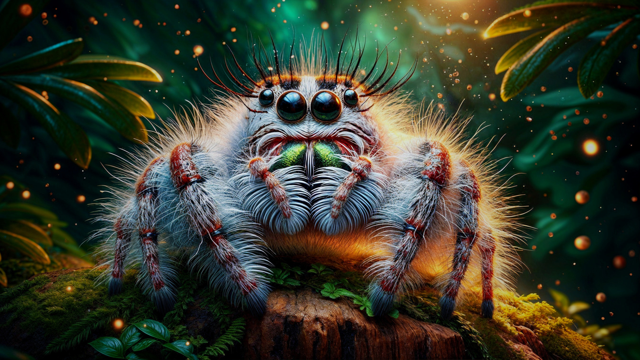 Close-up of a colorful spider on a mossy log