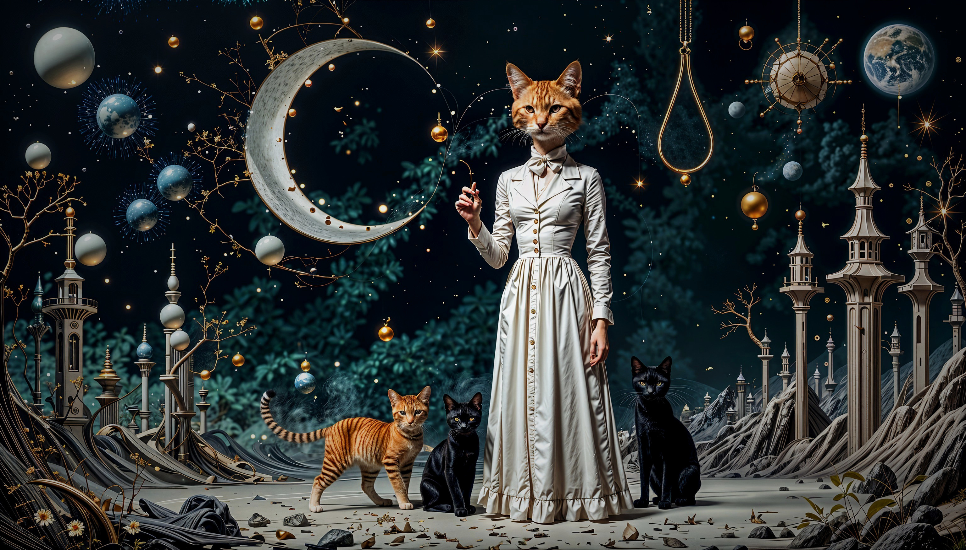 Surreal Night Landscape with Cat-Headed Figure