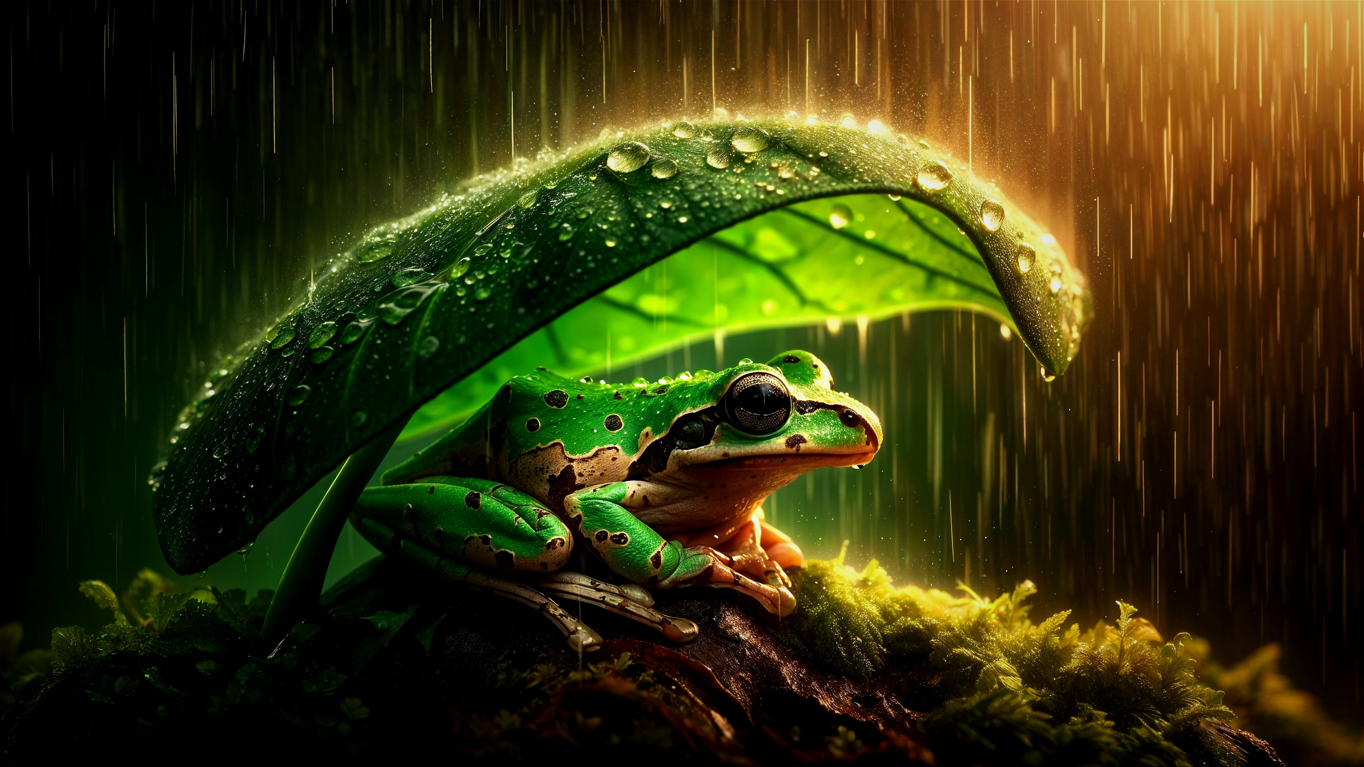 Vibrant Green Frog on Mossy Log Under Leaf