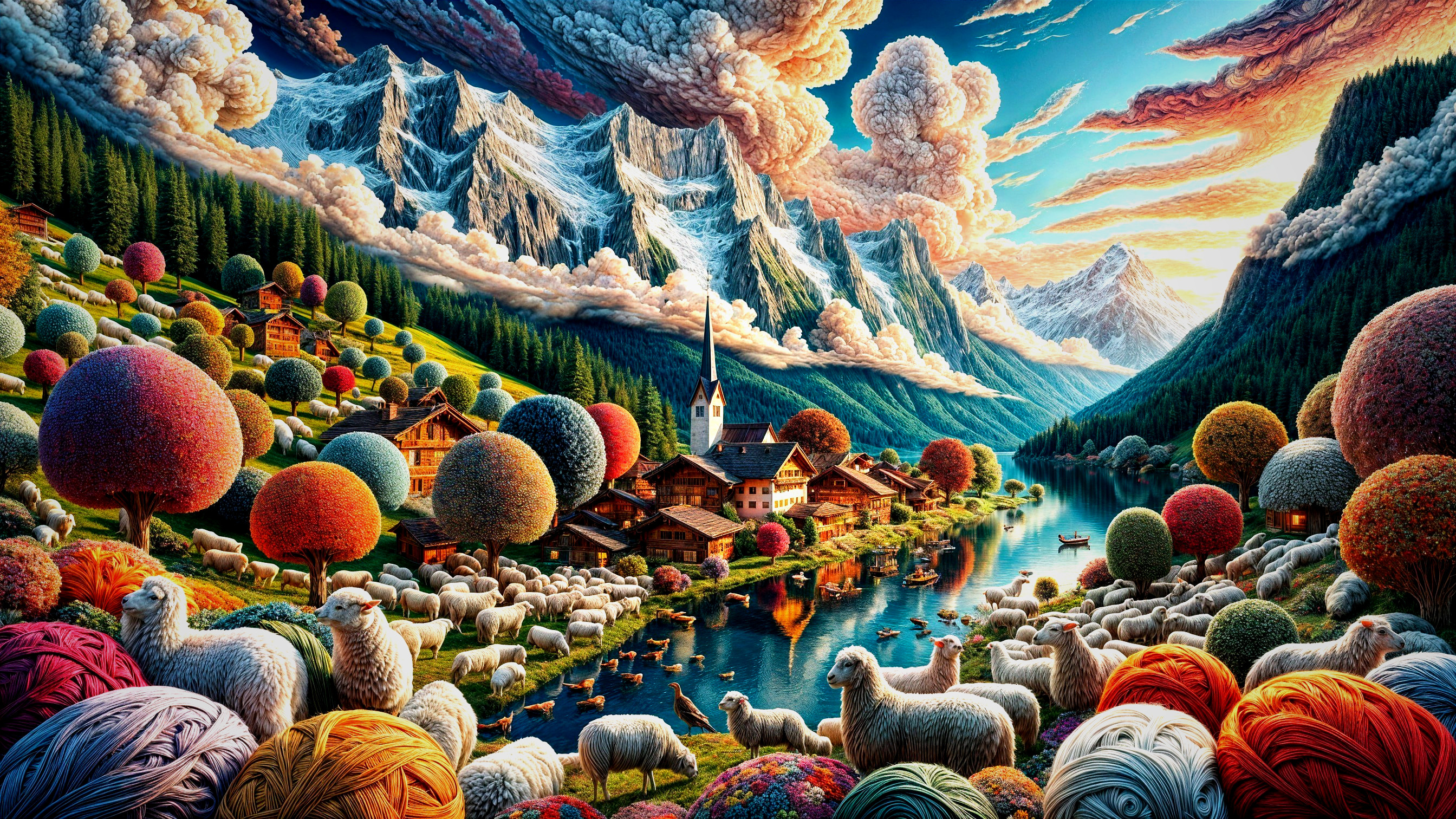Idyllic village by tranquil lake with snow-capped mountains