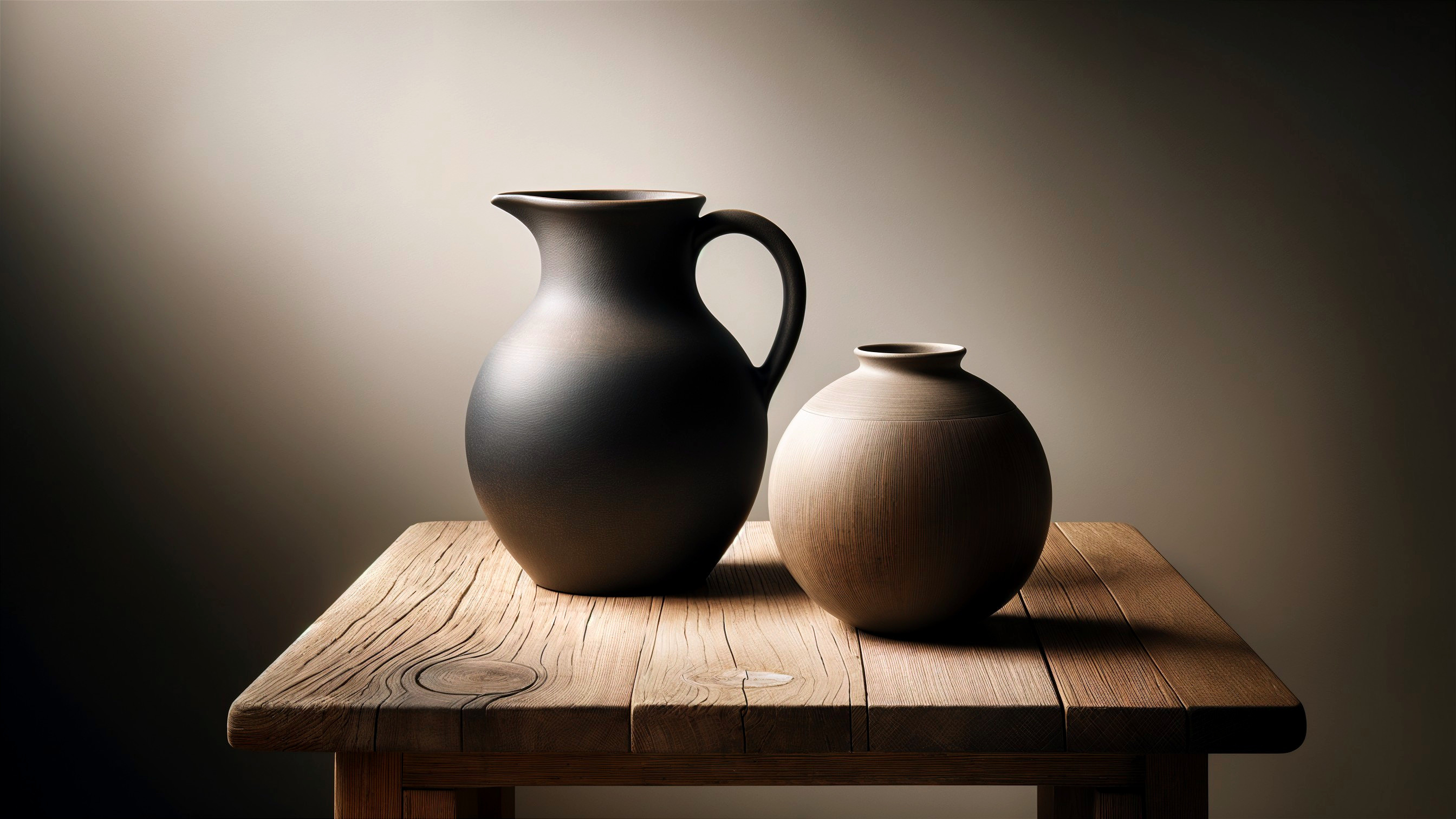 Clay Pots on Wooden Table with Soft Lighting