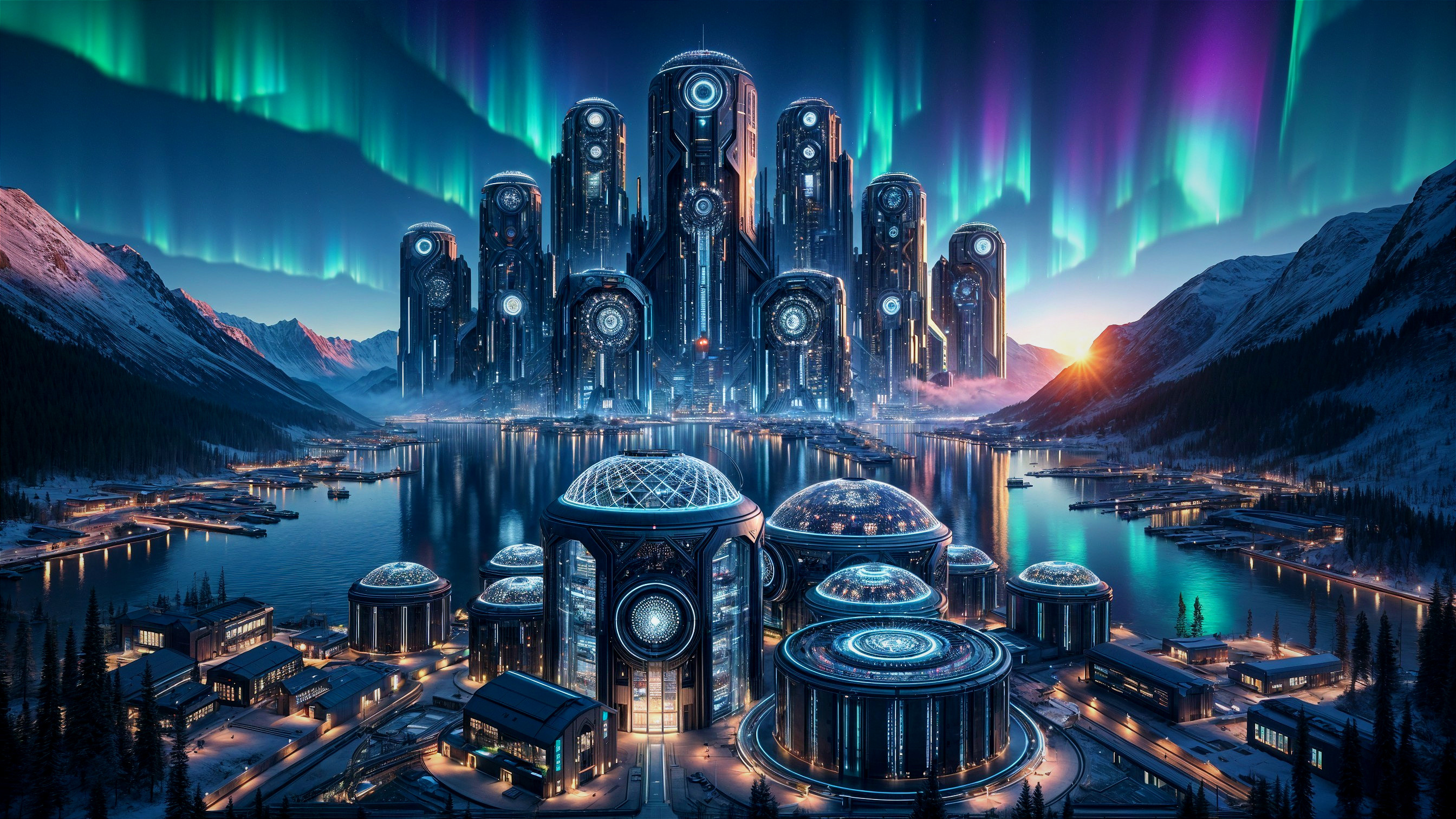 Futuristic cityscape by serene lake and mountains