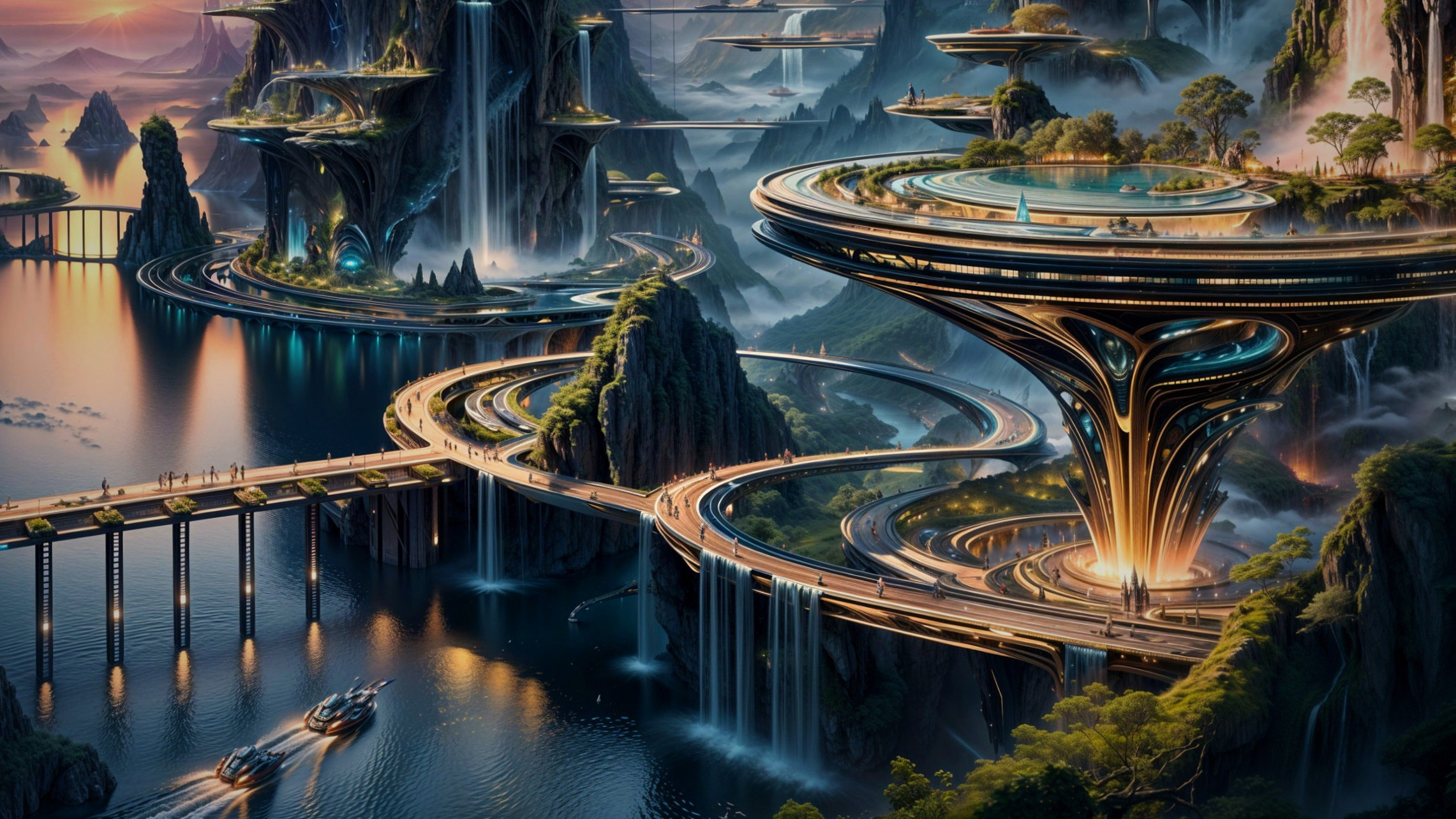 Futuristic landscape with floating islands and waterfalls