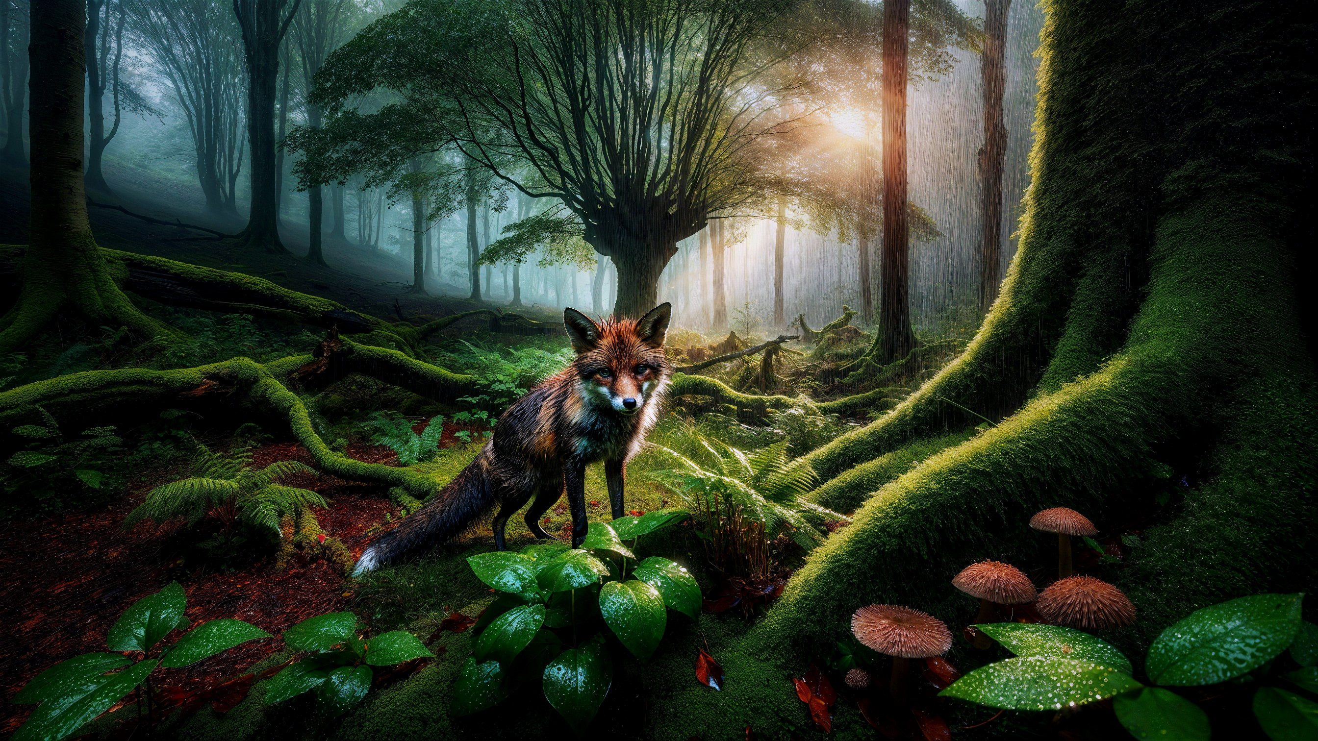 Serene Forest Scene with Fox and Morning Light